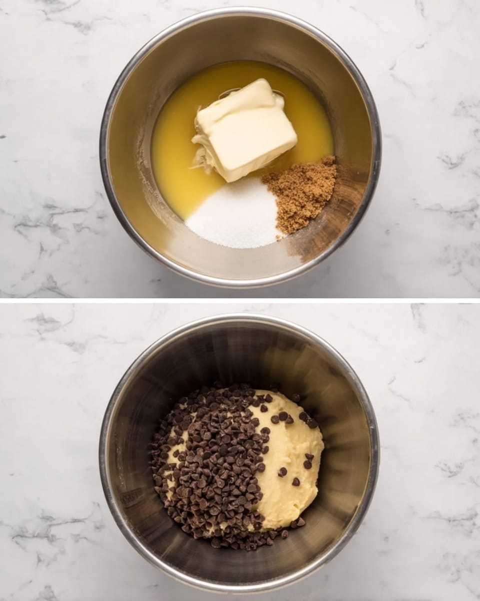 The first image shows a silver mixing bowl on a white marbled surface, containing several ingredients before mixing: a large chunk of soft white butter on top of a yellow liquid layer, a brown crumbly substance to the side, and a small pile of white granulated sugar. The second image shows the same silver bowl on the white marbled surface with the mixture now combined into a slightly chunky beige dough with dark brown small chocolate chips covering the right side of the dough. photo taken with an iphone --ar 4:5 --v 7