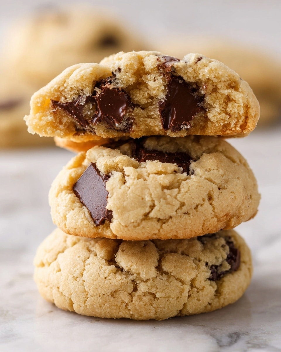 The image shows a stack of three soft, thick cookies on a white marbled surface. The bottom cookie is whole with a cracked, pale golden brown texture. The middle cookie is similar, with visible dark chocolate chunks embedded on the surface and a rough, cracked look. The top cookie is broken in half and resting on the middle cookie, revealing the soft, crumbly inside with dark, smooth chocolate pieces inside and on top. The background is blurred, keeping the focus on the stack of cookies. Photo taken with an iphone --ar 4:5 --v 7