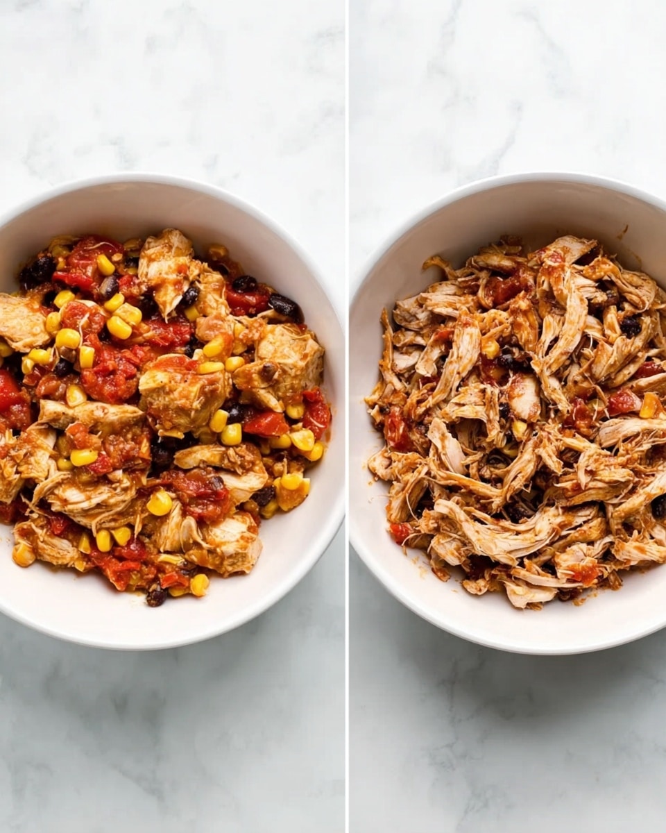 Two white bowls are placed side by side on a white marbled surface. The bowl on the left has chunks of cooked chicken mixed with yellow corn kernels, red diced tomatoes, and black beans, with a reddish sauce coating the ingredients. The bowl on the right contains shredded chicken mixed with bits of black beans and diced red tomatoes, showing a mix of light brown and reddish colors with a fibrous texture from the shredded meat. photo taken with an iphone --ar 4:5 --v 7