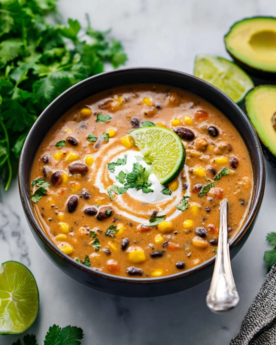 A black bowl filled with thick, creamy soup that is orange-brown in color with visible black beans and yellow corn mixed throughout. On top, there is a swirl of white sour cream slightly off-center, a bright green slice of lime next to it, and a small sprig of fresh cilantro adding a touch of green on the surface. A silver spoon rests inside the bowl on the right edge. The bowl is placed on a white marbled surface, with halved green avocados and fresh cilantro leaves around it, creating a fresh, colorful scene. Photo taken with an iphone --ar 4:5 --v 7