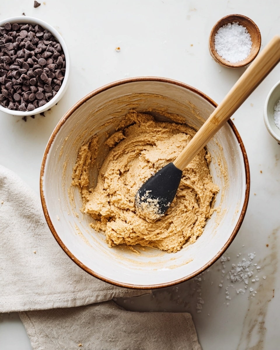 A white mixing bowl with a brown rim holds a thick, light brown dough with a slightly grainy texture, mixed with a wooden spatula that has a black silicone tip. Behind the bowl, on a white marbled surface, there is a white bowl filled with dark brown chocolate chips, and to the right, a small bowl with coarse white salt. A light beige cloth napkin is placed under the mixing bowl. Photo taken with an iphone --ar 4:5 --v 7