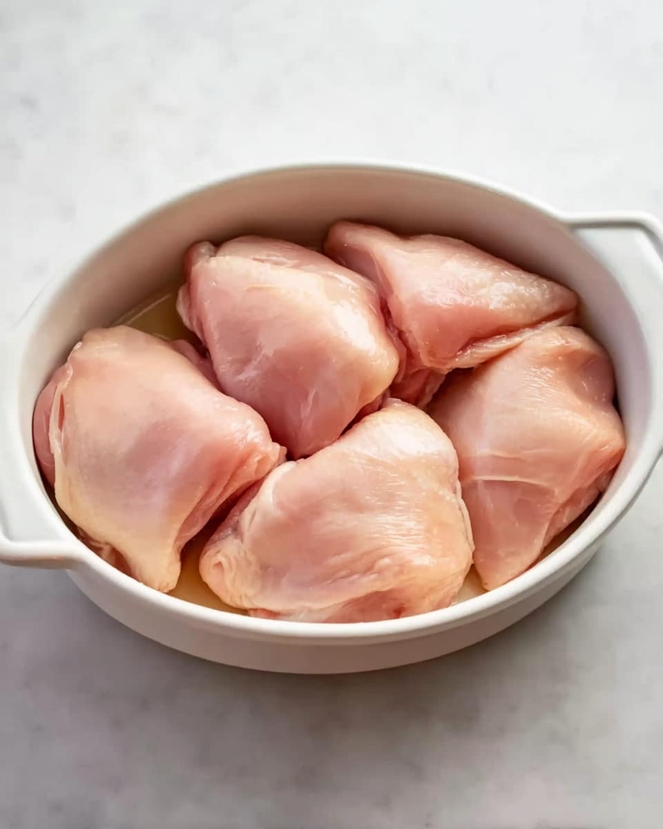 A white oval ceramic dish with two small handles on each side holds six raw pieces of chicken. The chicken pieces are light pink with a smooth, shiny, moist texture, arranged closely in a single layer inside the dish. The dish sits on a white marbled surface, and the lighting shows slight reflections on the chicken skin, highlighting the freshness. photo taken with an iphone --ar 4:5 --v 7