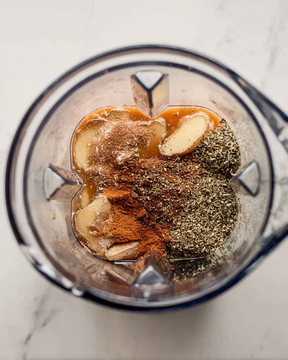 A clear blender jar is filled with several layers of ingredients seen from above: at the bottom there are light tan pieces resembling ginger slices partially covered by a layer of light brown liquid, topped unevenly with a dusting of dark brown spice on one side and a heap of green dried herbs on the other. The container is on a white marbled surface. photo taken with an iphone --ar 4:5 --v 7