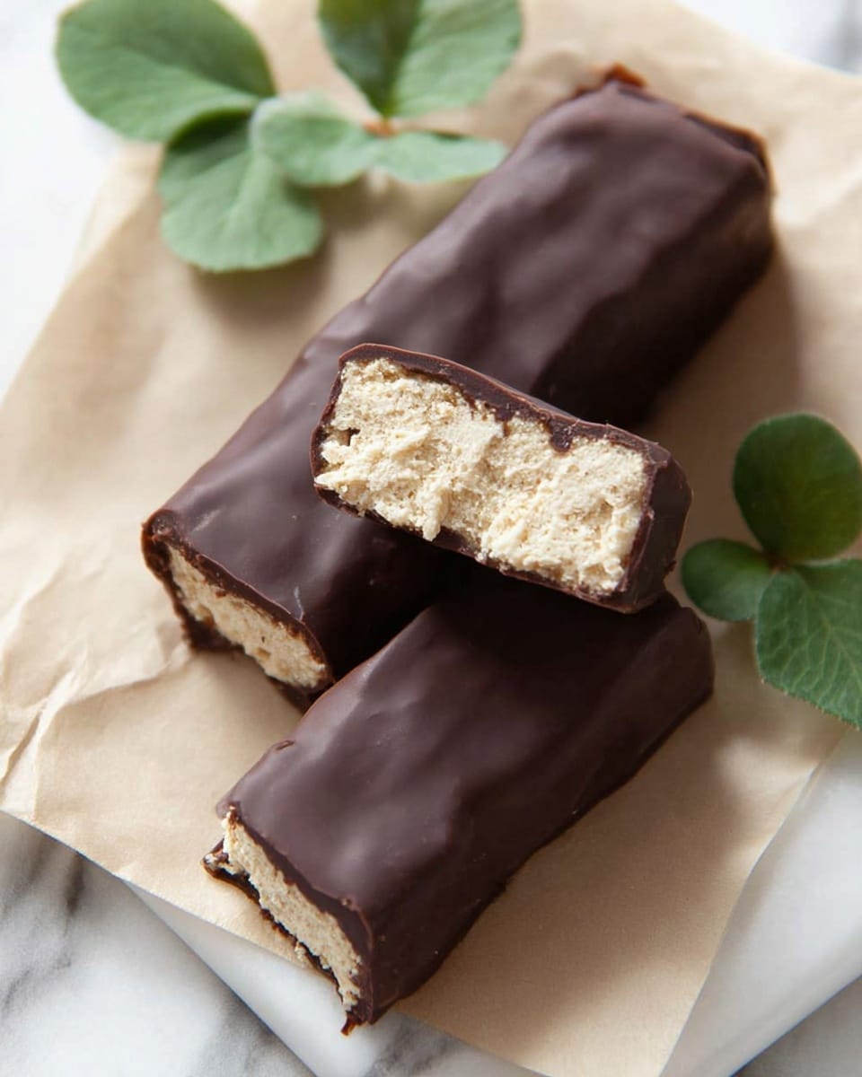 The image shows three chocolate-covered rectangular bars with a rough beige inside texture exposed by bites, lying on light brown parchment paper. Two green leaves are placed nearby, adding a fresh touch, all on a white marbled surface. The chocolate coating is smooth and dark, contrasting with the crumbly pale filling inside. Two bars are bitten from one end, showing the thick layered center inside the thin chocolate shell. Photo taken with an iphone --ar 4:5 --v 7