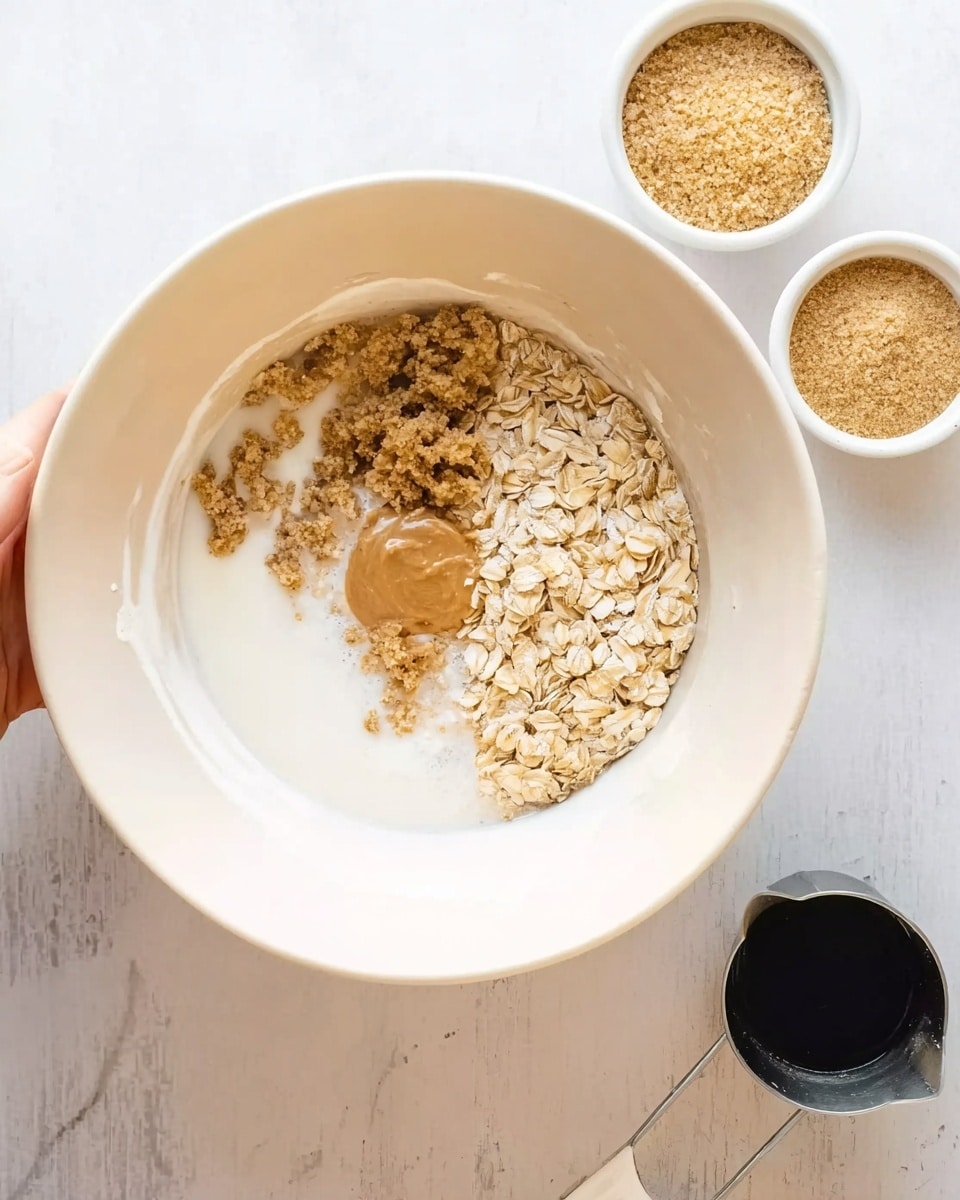 The image shows a large white bowl filled with several ingredients layered on top of each other. The bottom layer is a smooth white liquid, likely milk or yogurt. On top of this is a mix of light brown sugar spread unevenly in patches, along with some beige rolled oats clustered to one side. A small dollop of light brown nut butter sits near the center, and there is a hint of a beige grainy ingredient next to it, possibly quinoa or another grain. Around the bowl, on a white marbled surface, are two small white bowls filled with light brown sugar and rolled oats, and to the right, a metal measuring cup filled with dark brown liquid. A woman's hand is gently holding the white bowl. Photo taken with an iphone --ar 4:5 --v 7