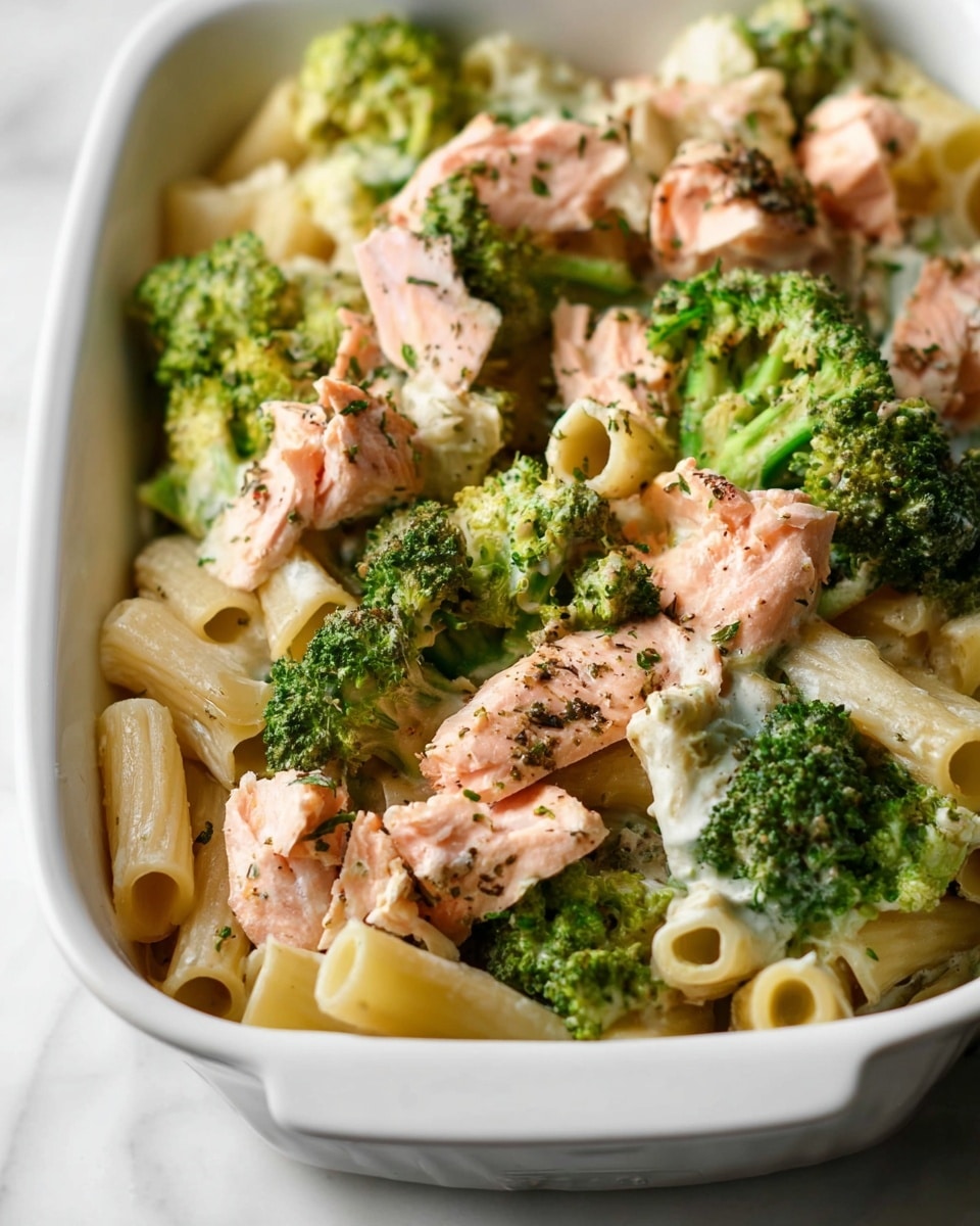 The image shows a white baking dish filled with a layered pasta dish. The bottom layer is rigatoni pasta with a light creamy sauce. Above that are bright green broccoli florets spread evenly. On top of the broccoli and pasta are chunks of pink salmon sprinkled with green herbs and black pepper. The colors are soft with the pasta beige, green broccoli, and pale pink salmon, all blending softly together. The dish sits on a white marbled surface. photo taken with an iphone --ar 4:5 --v 7