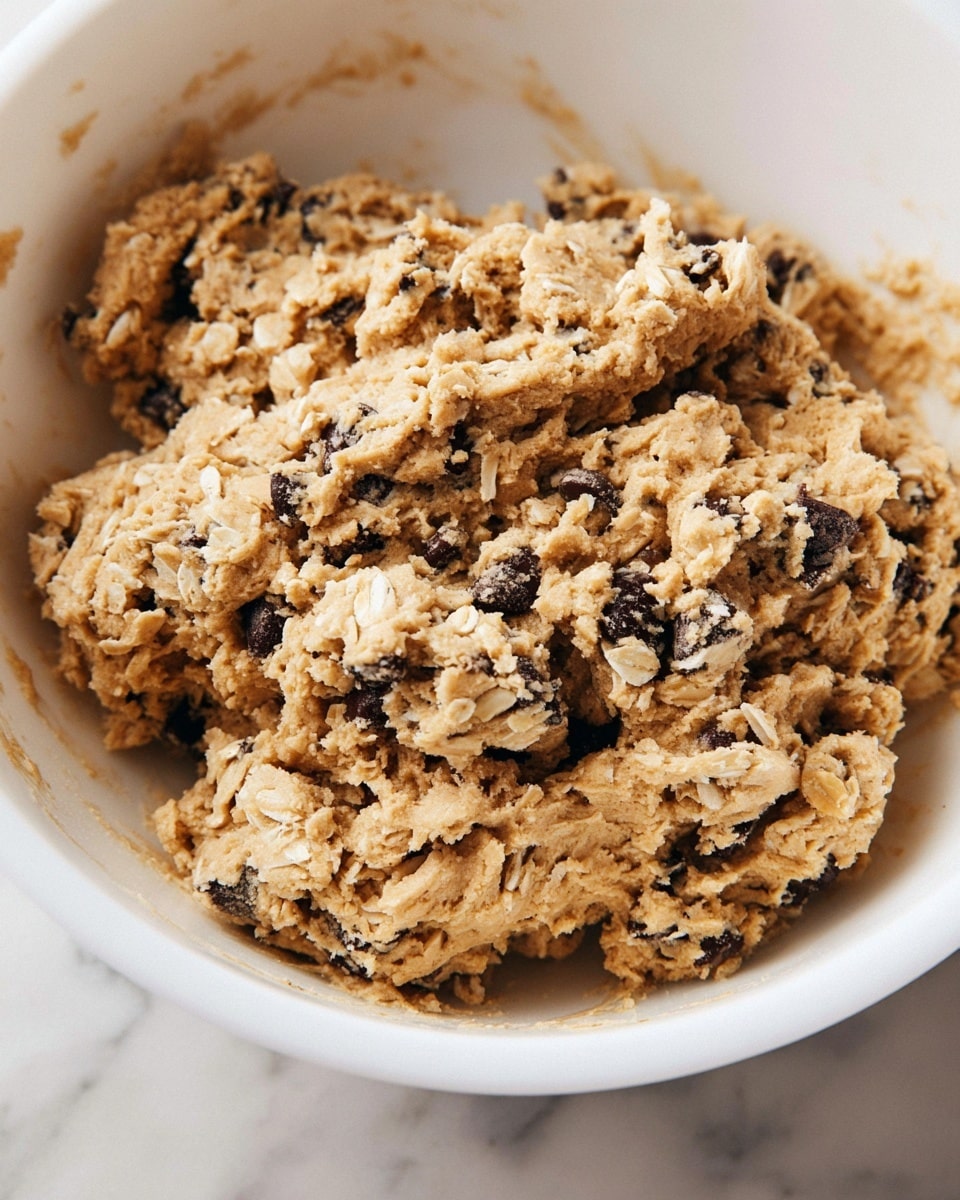 The image shows a close-up of cookie dough with chocolate chips mixed in. The dough has a rough texture with visible oats and chocolate pieces scattered throughout. The dough is piled in a white bowl, and its color is a light brown with small darker spots where the chocolate chips are. The bowl is placed on a white marbled surface, filling most of the frame. photo taken with an iphone --ar 4:5 --v 7