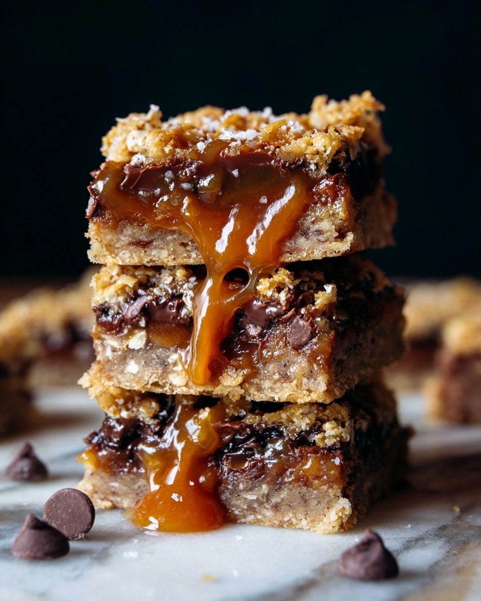The image shows a stack of three thick dessert bars with multiple layers. The bottom layer is a light brown, crumbly base, followed by a dark melted chocolate layer mixed with nuts or oats. Above that, there is a gooey, shiny caramel layer dripping down the sides, topped with a golden-brown crumbly oat layer that is sprinkled with coarse salt. The bars are placed on a white marbled surface with a few scattered chocolate chips around them. The background is dark, making the dessert stand out clearly. Photo taken with an iphone --ar 4:5 --v 7