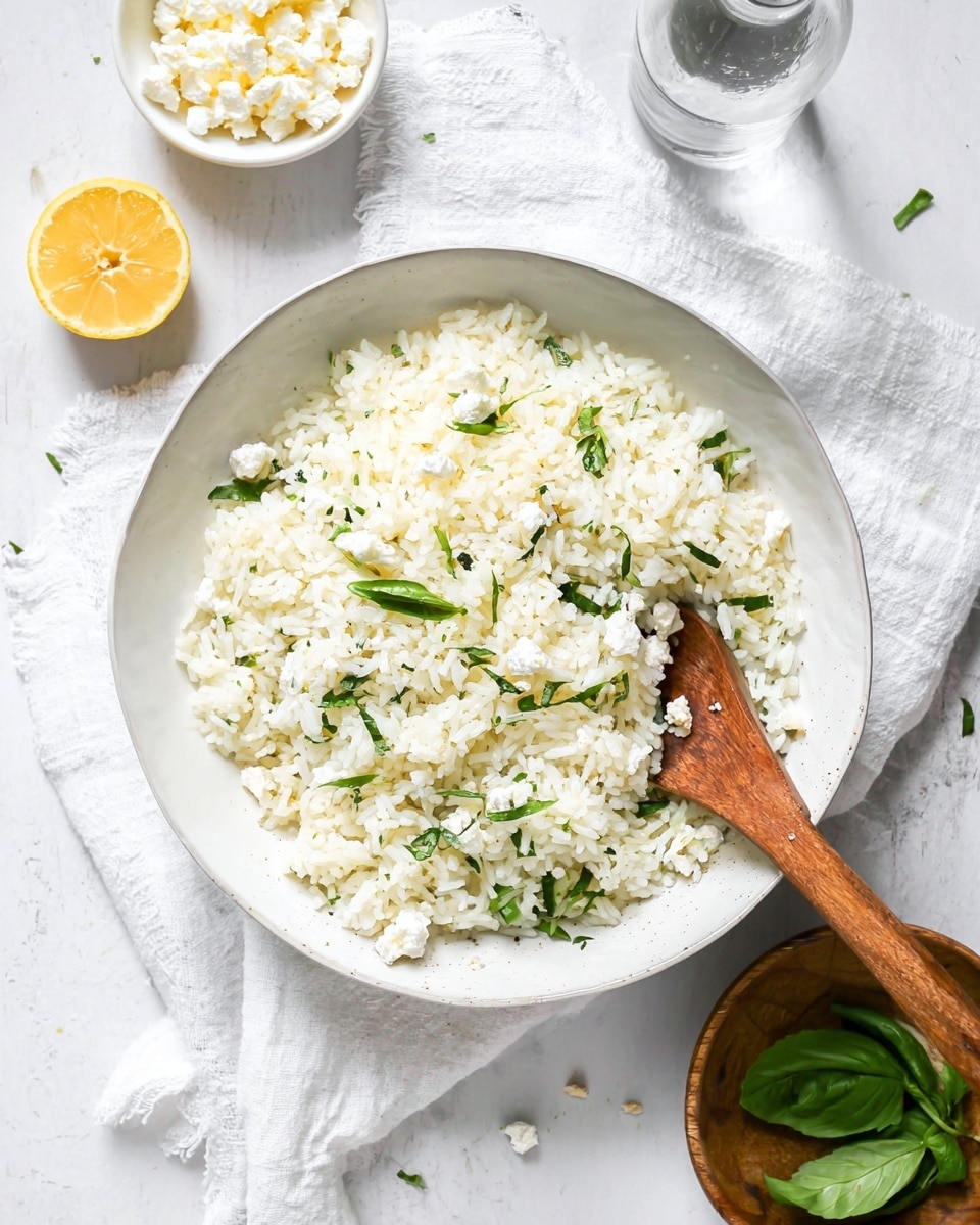 A white bowl filled with cooked white rice mixed with small white cheese crumbles and thin green herb strips evenly spread through the rice, with a wooden spoon resting inside the bowl on the right side. The bowl sits on a white marbled surface covered partially by a white cloth, with a small white bowl containing cheese curds and a half lemon slice near the top left, a bottle of water with a black cap at the top right, and a small wooden bowl holding bright green basil leaves at the bottom right. photo taken with an iphone --ar 4:5 --v 7