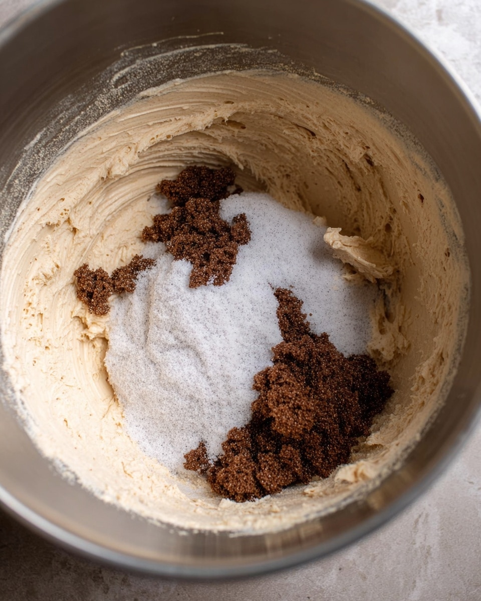 Inside a metal bowl, there is a mix of two layers: one is a light brown creamy mixture with a smooth, slightly grainy texture that sticks to the bowl's sides, and the other is two piles of sugar added on top one white and fluffy, the other dark brown and clumpy both sitting on the creamy layer below. The scene is simple and focuses closely on the ingredients. photo taken with an iphone --ar 4:5 --v 7