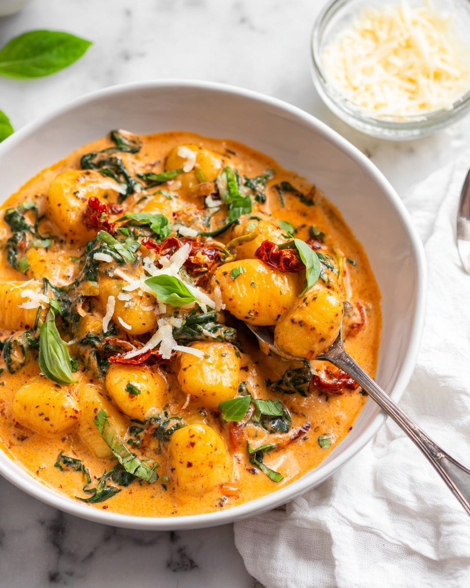 A white bowl filled with three layers: at the bottom is an orange creamy sauce with visible herbs and spices, mixed with wilted dark green spinach leaves and small deep red sun-dried tomato pieces; the middle layer shows golden yellow gnocchi pieces coated in the sauce, some partially covered and some fully visible, giving a rounded texture; the top is garnished with small fresh bright green basil leaves and thin white shavings of cheese scattered over the dish. A silver spoon rests inside the bowl on the right side, partially lifting gnocchi. The bowl sits on a white marbled surface with a white cloth nearby. A small glass bowl with shredded cheese is in the blurred background. Photo taken with an iphone --ar 4:5 --v 7