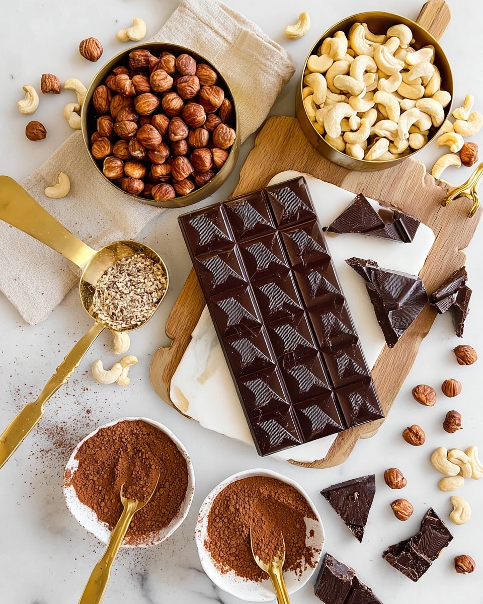 The image shows a white marbled surface with a wooden board holding two gold measuring cups; the left cup is full of brown hazelnuts and the right cup holds white cashew nuts, with some nuts scattered around. In the center front, a large dark chocolate bar with a geometric pattern is placed on a small white marble slab, with several triangular pieces broken off and scattered nearby. Below the chocolate bar, two small white bowls are filled with a brown powder and brown sugar, each bowl having a gold spoon inside. A gold measuring spoon with cocoa powder is placed to the left of the bowls, adding to the warm, rich colors of the setup. photo taken with an iphone --ar 4:5 --v 7