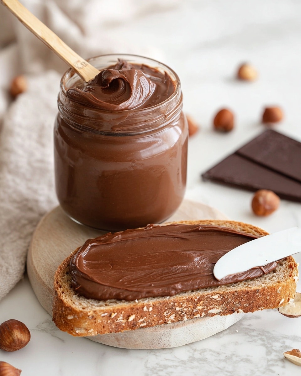 A clear glass jar filled with smooth, creamy brown chocolate spread with a wooden stick dipped in it, showing a thick dollop of the spread on top; beside the jar, a slice of whole grain bread lies flat on a wooden board, generously covered with a thick, even layer of the same chocolate spread with a white knife resting on it. The background is a white marbled surface with scattered hazelnuts and a piece of chocolate near the jar, giving a cozy, homemade feel. Photo taken with an iphone --ar 4:5 --v 7