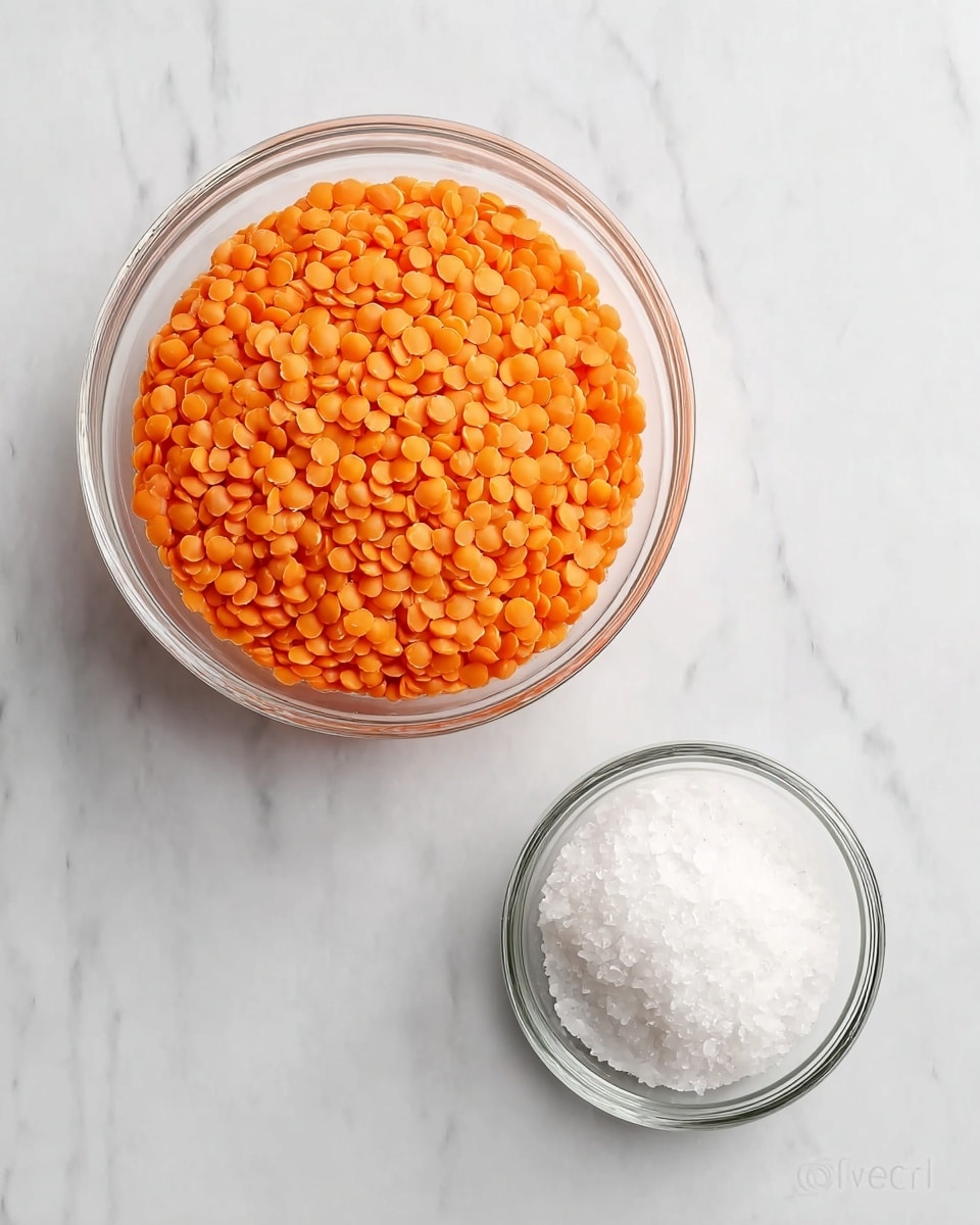The image shows two clear glass bowls placed on a white marbled surface. The larger bowl is filled to the top with bright orange lentils, showing a smooth, rounded top layer with small, flat, round lentils tightly packed together. Next to it, a smaller glass bowl contains a white powdery substance, likely salt, with a slightly uneven surface texture. The scene is simple and clean, focusing on the vibrant color contrast between the orange lentils and the white salt, both bowls centered on the surface. Photo taken with an iphone --ar 4:5 --v 7