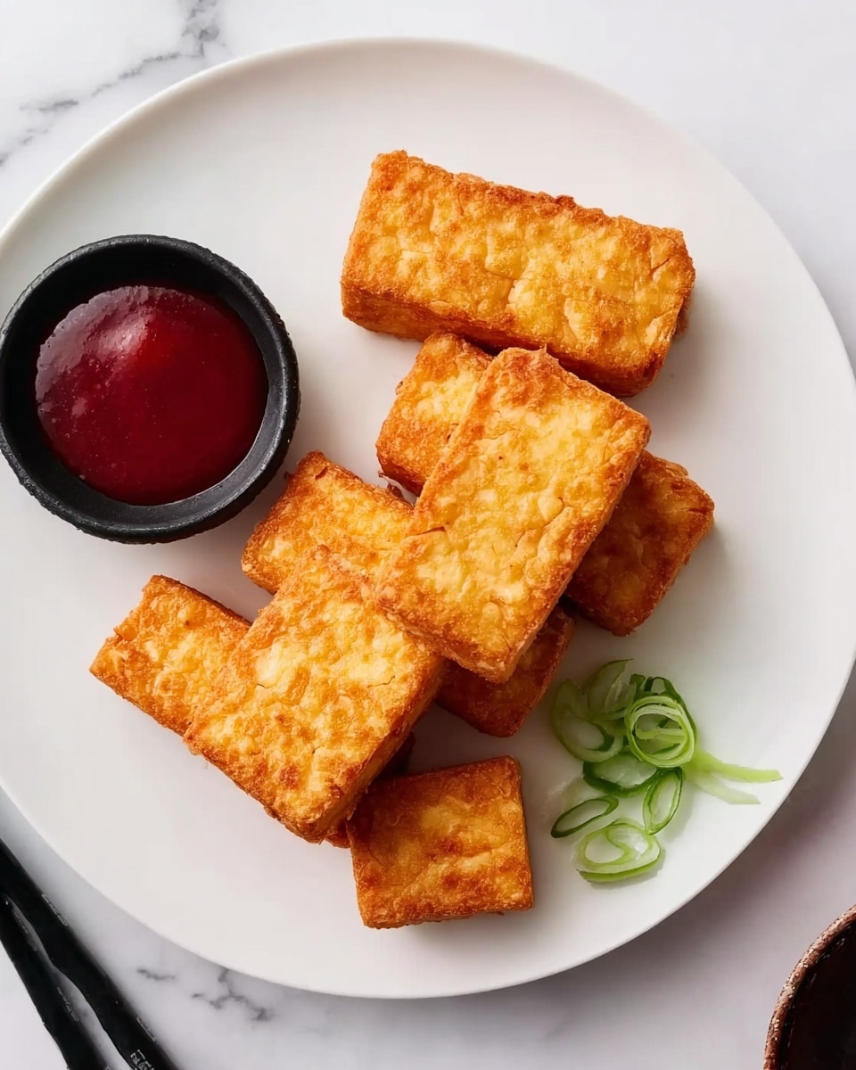 The image shows six rectangular golden-brown fried tofu pieces with a crispy texture, arranged in a loose cluster on a white plate. To the left side of the plate, there is a small round black bowl filled with red dipping sauce. Near the top right side of the plate, a small pile of sliced green onions adds a fresh green color. The plate rests on a white marbled surface, and a pair of black chopsticks is partially visible on the left edge of the image. photo taken with an iphone --ar 4:5 --v 7