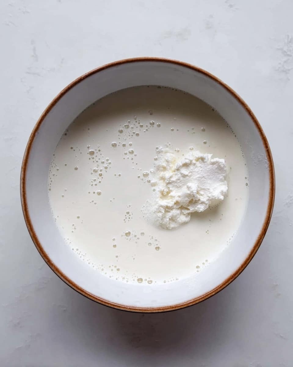 A white bowl with a brown rim filled with a smooth, creamy white liquid that has small bubbles on the surface. A small dollop of thick, white substance sits on top of the liquid, appearing soft and slightly lumpy. The bowl is placed on a white marbled surface. photo taken with an iphone --ar 4:5 --v 7