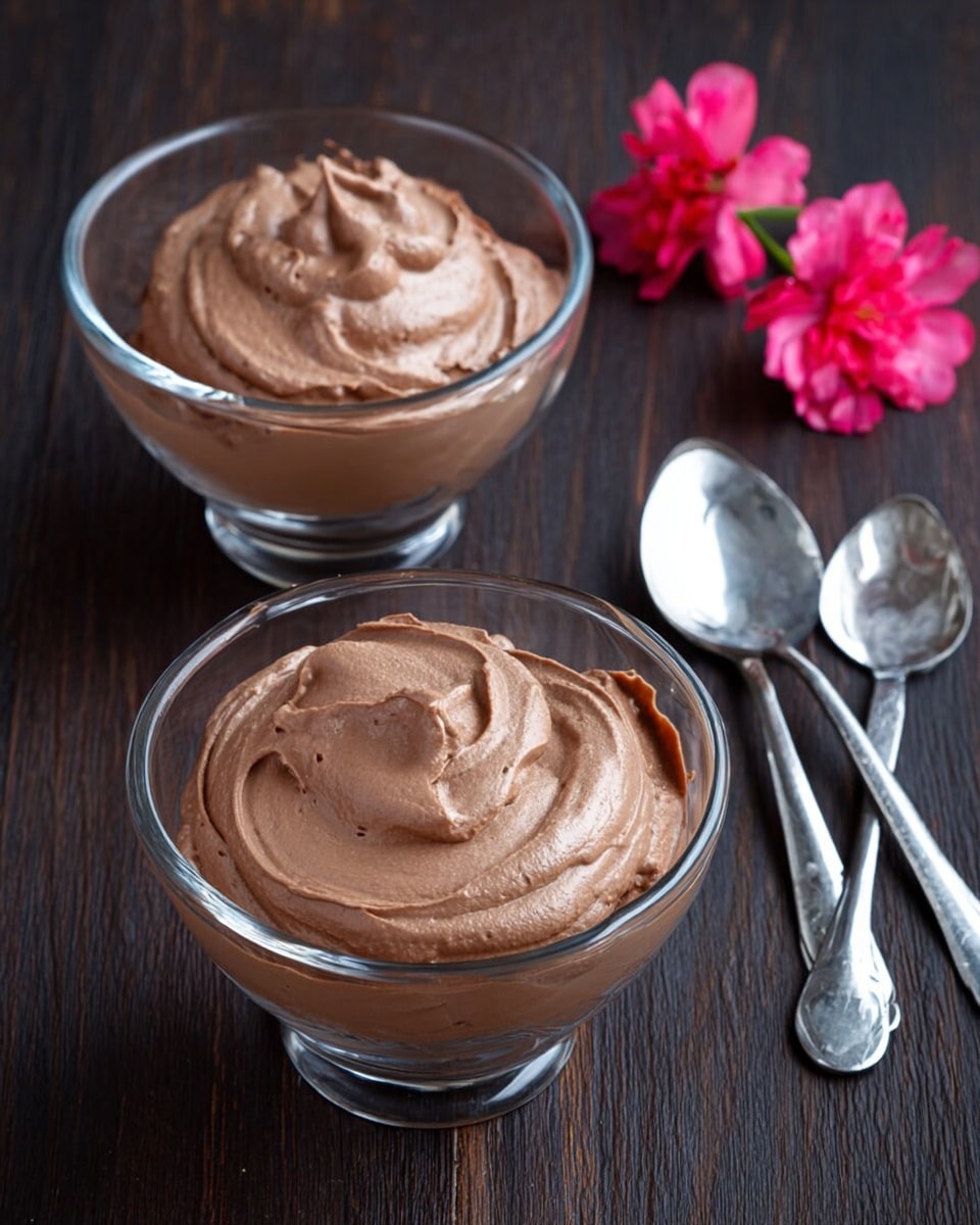 Two clear glass bowls each hold a single thick layer of creamy chocolate mousse. The mousse is smooth and light brown with swirled peaks at the center in both bowls. The bowls are placed on a dark wooden surface next to two shiny silver spoons, and a few small bright pink flowers are seen to the right. photo taken with an iphone --ar 4:5 --v 7