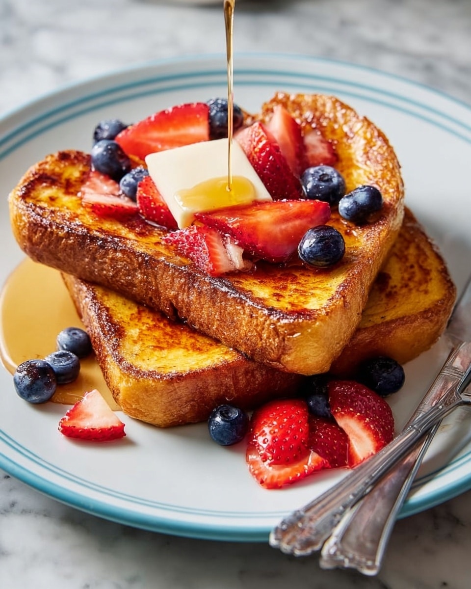 Two thick slices of golden brown French toast are stacked on a white plate with a pale blue rim. A small square of melting butter rests on the top slice. Around and on top of the toast are fresh red strawberry halves and deep blue blueberries. A thin stream of syrup is being poured over the top, creating a shiny glaze on the fruit and toast. A silver fork and knife rest on the right edge of the plate. The plate sits on a white marbled table. photo taken with an iphone --ar 4:5 --v 7