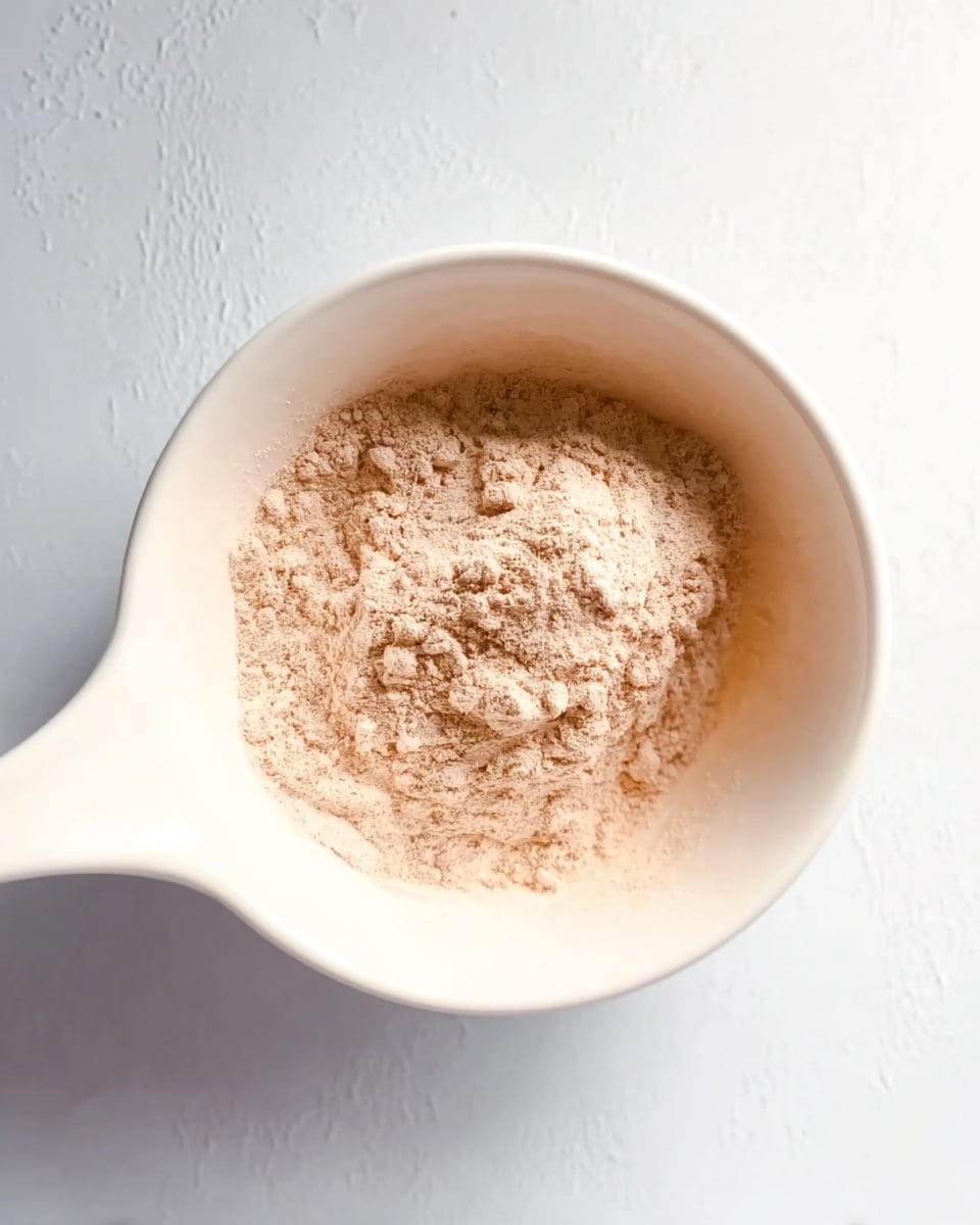 The image shows a white small bowl filled with a light brown powder that looks soft and fine. The powder is spread evenly inside the bowl, filling the space but not overflowing. The bowl is placed on a white marbled textured surface that adds a clean and fresh look to the setting. The bowl has a small handle on one side, adding to its simple design. photo taken with an iphone --ar 4:5 --v 7