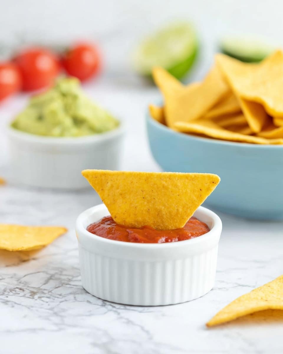 The image shows two triangular yellow corn chips standing upright in a small white ramekin filled with red salsa, positioned in the front center. Behind it, there is a larger white ramekin filled with light green guacamole, partly out of focus. In the background to the right, there is a light blue bowl full of more yellow corn chips. The scene is set on a white marbled surface with a soft, bright background that includes blurred hints of lime and red cherry tomatoes. Photo taken with an iphone --ar 4:5 --v 7