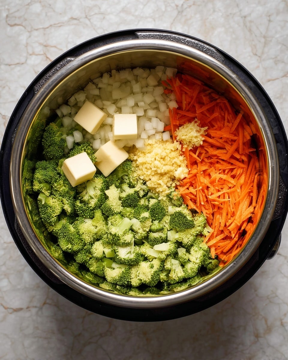 Inside a stainless steel pot, there are clear layers of ingredients: bright green broccoli pieces cover most of the bottom half, finely chopped white onions sit in a small section on the left, and shredded orange carrots are on the top right. On top of the broccoli and near the onions and carrots, there are small cubes of pale yellow butter. In the center, there is a small pile of minced light yellow garlic. The pot is set on a white marbled surface. photo taken with an iphone --ar 4:5 --v 7
