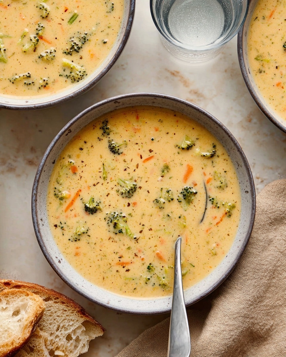 A close-up of a creamy thick soup in a white bowl with a gray rim, filled with small green broccoli pieces and thin orange carrot strips visible in the pale yellow base. A silver spoon lies inside the bowl on the right side, partially submerged in the soup. Next to the bowl is a torn piece of crusty bread and a beige cloth napkin, all placed on a white marbled table. Part of two more matching bowls filled with the same soup are visible at the top edge, and a clear glass of water sits near the upper right corner photo taken with an iphone --ar 4:5 --v 7