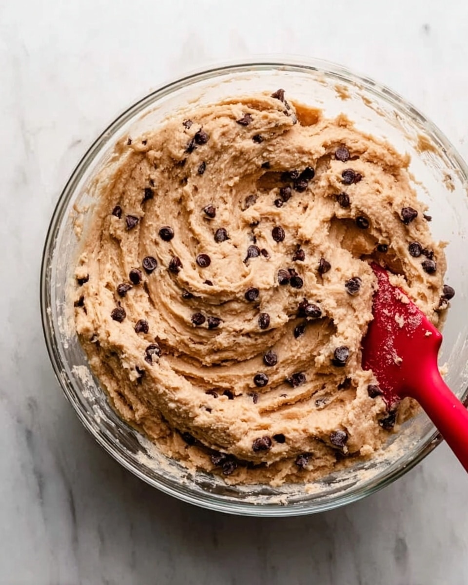 A clear glass bowl filled with light brown cookie dough mixed with many small dark chocolate chips spread evenly throughout. A red silicone spatula is partially inside the dough on the right side, showing soft and thick texture with some swirl marks. The bowl sits on a white marbled surface. Photo taken with an iphone --ar 4:5 --v 7