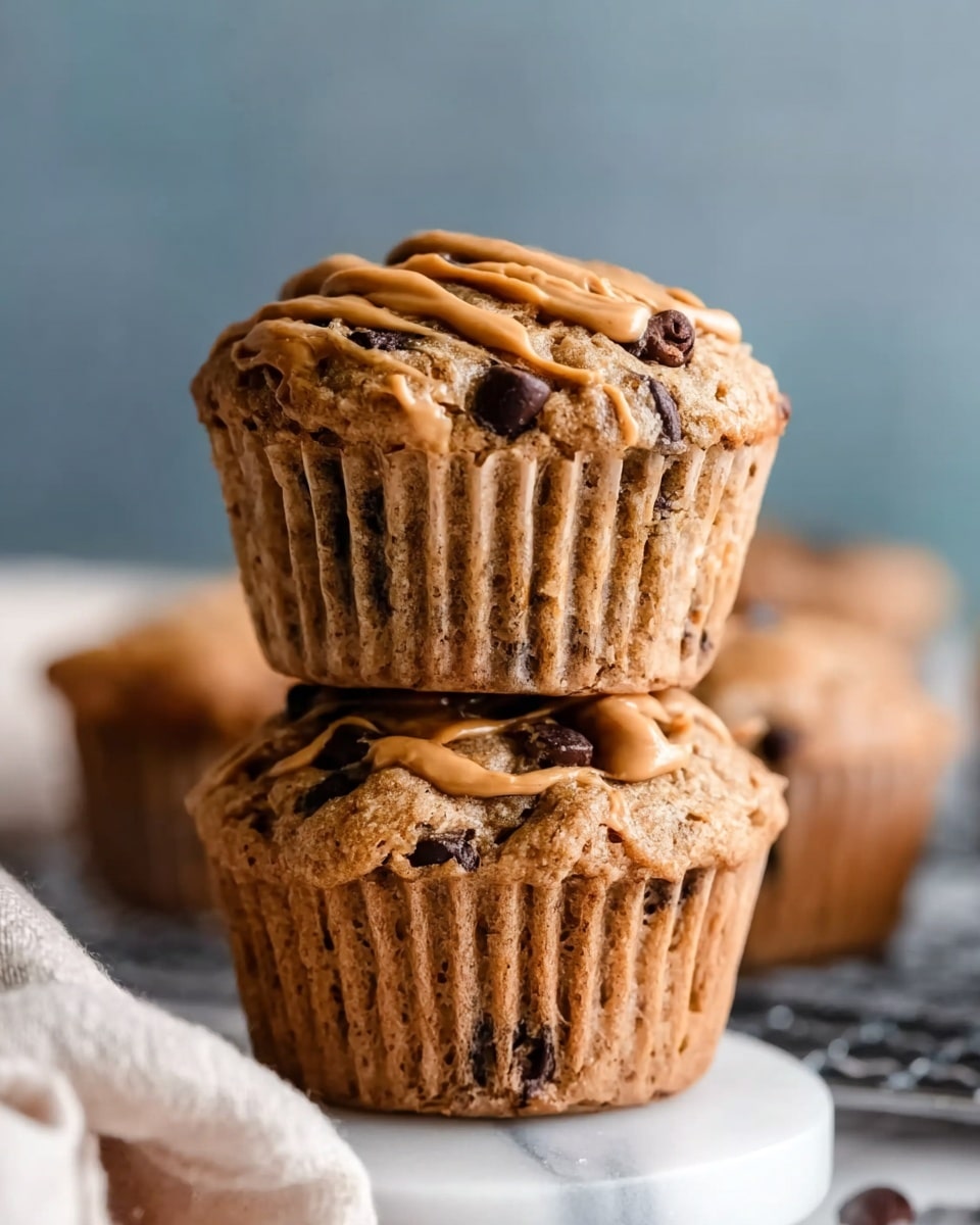 The image shows two stacked muffins with a light brown color and small darker spots from chocolate pieces. The muffins have a rough top texture with some drizzled peanut butter on the top muffin. The muffins sit on a white marble surface with a cooling rack underneath them. There is a blurred background with soft blue and beige tones, and a woman's hand holding a cloth is partly visible on the left side. Photo taken with an iphone --ar 4:5 --v 7