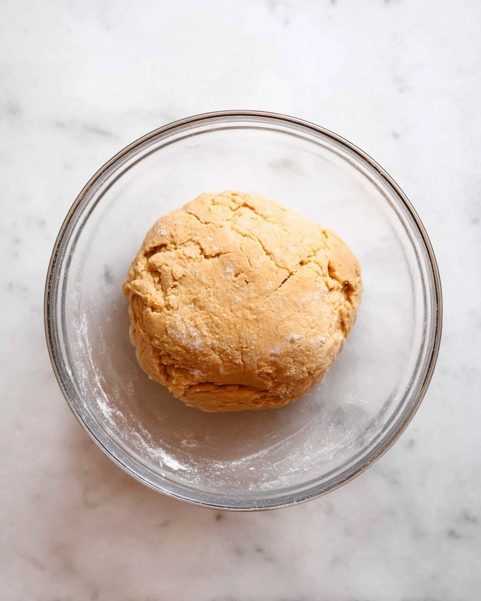 A round ball of dough with a light brown color and a slightly rough texture sits in the center of a clear glass bowl. The dough has small cracks and uneven surface details showing its firmness. The bowl is placed on a white marbled surface with light grey veins. Photo taken with an iphone --ar 4:5 --v 7