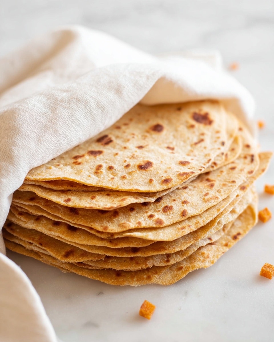 A stack of seven thin flatbreads with a light golden-brown color and small darker brown spots are shown folded slightly and resting on a white cloth. The white cloth covers the top flatbread partially, adding soft folds and texture. Around the stack, small orange cubes are scattered on a white marbled surface, adding a pop of color and subtle detail. The flatbreads have a slightly rough texture that shows small bubbles and uneven edges. photo taken with an iphone --ar 4:5 --v 7