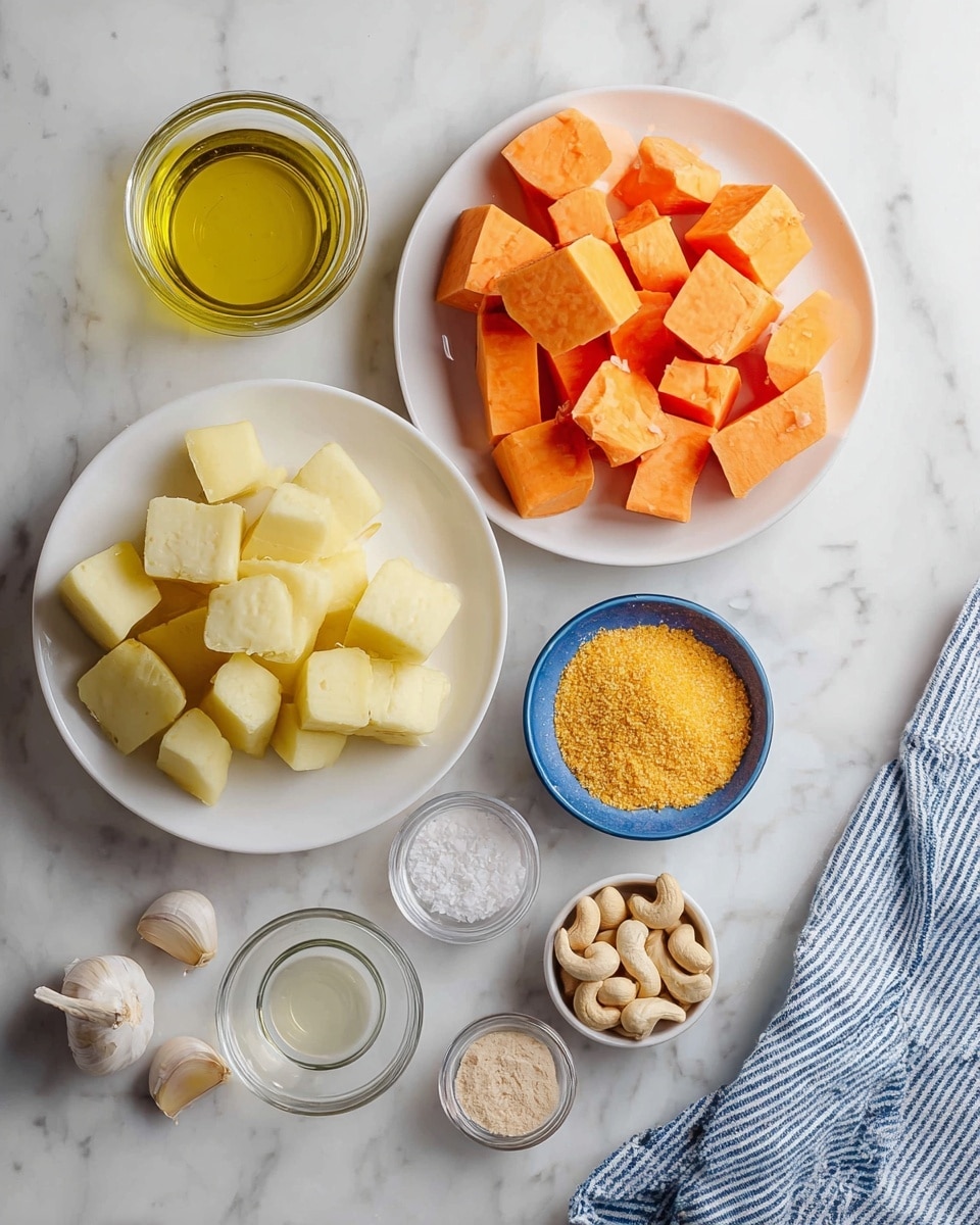 The image shows several ingredients arranged on a white marbled surface. At the top right, there is a white plate filled with bright orange cubed pieces of sweet potato. Below it on the left, another white plate holds pale yellow cubed pieces of potato. To the right of the potatoes, there is a small white bowl with whole cashew nuts. Below this bowl sits a clear glass bowl filled with yellow nutritional yeast flakes. Nearby, a small blue bowl contains white granulated salt. Two peeled garlic cloves lie at the bottom left, next to a small clear glass container filled with a light liquid, likely vinegar. Above this container, a small glass bowl holds a light beige powder, possibly garlic powder. On the top left, a glass jar with a golden yellow liquid, probably olive oil, is placed. A blue and white striped cloth is partially visible at the lower right corner. Photo taken with an iphone --ar 4:5 --v 7