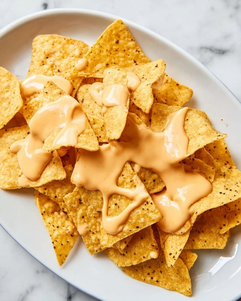 A white oval plate holds a layer of yellow corn tortilla chips that have a slightly rough texture with black specks. Over the chips is a creamy, light orange sauce drizzled unevenly, creating soft pools on the chips and the plate's edges. The chips are scattered close together, showing some of their triangular shapes and slightly curved edges. The scene is set on a white marbled surface. photo taken with an iphone --ar 4:5 --v 7