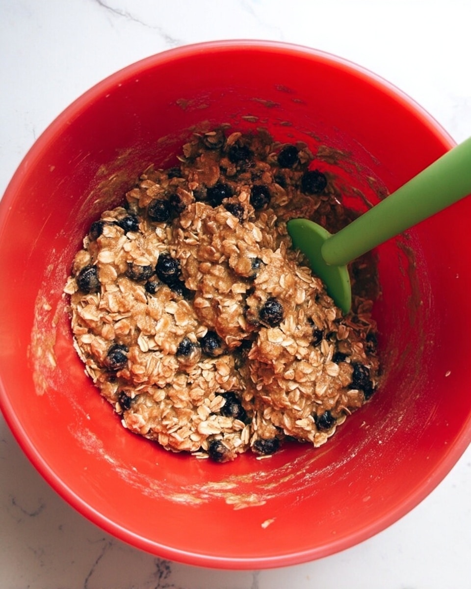 A red mixing bowl filled with a mixture of oats combined with small dark blueberries and a light brown sticky texture, showing a thick consistency. The mixture is being stirred with a green spatula inside the bowl. The bowl is placed on a white marbled surface. photo taken with an iphone --ar 4:5 --v 7