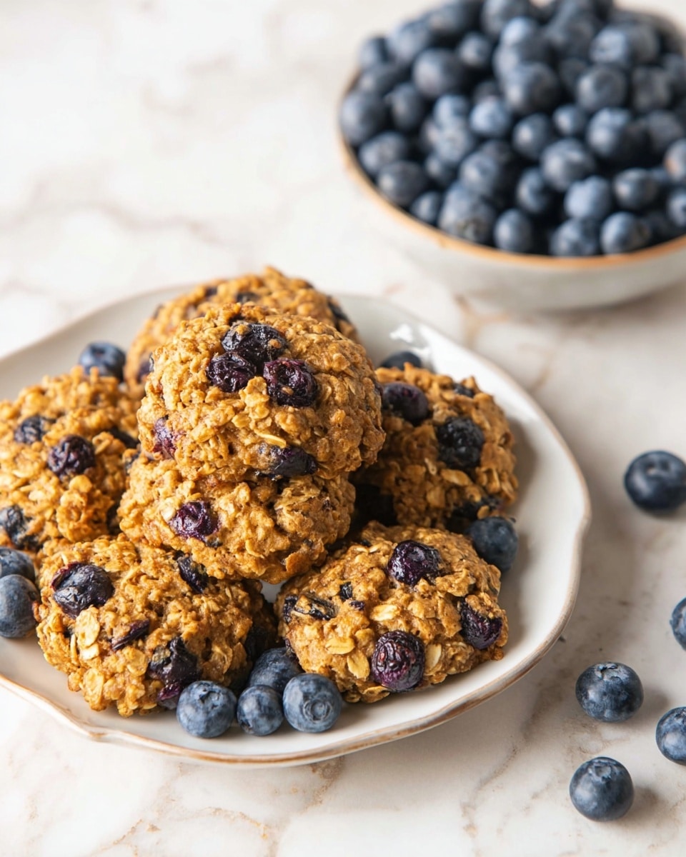A white plate holds a stack of about six round oatmeal cookies with visible blueberries baked inside them. The cookies are golden brown with a rough, chunky texture from the oats. Some fresh blueberries are scattered on and around the cookies on the plate. Behind the plate, there is a round bowl filled with more fresh blueberries. The surface beneath everything is a white marbled texture. photo taken with an iphone --ar 4:5 --v 7