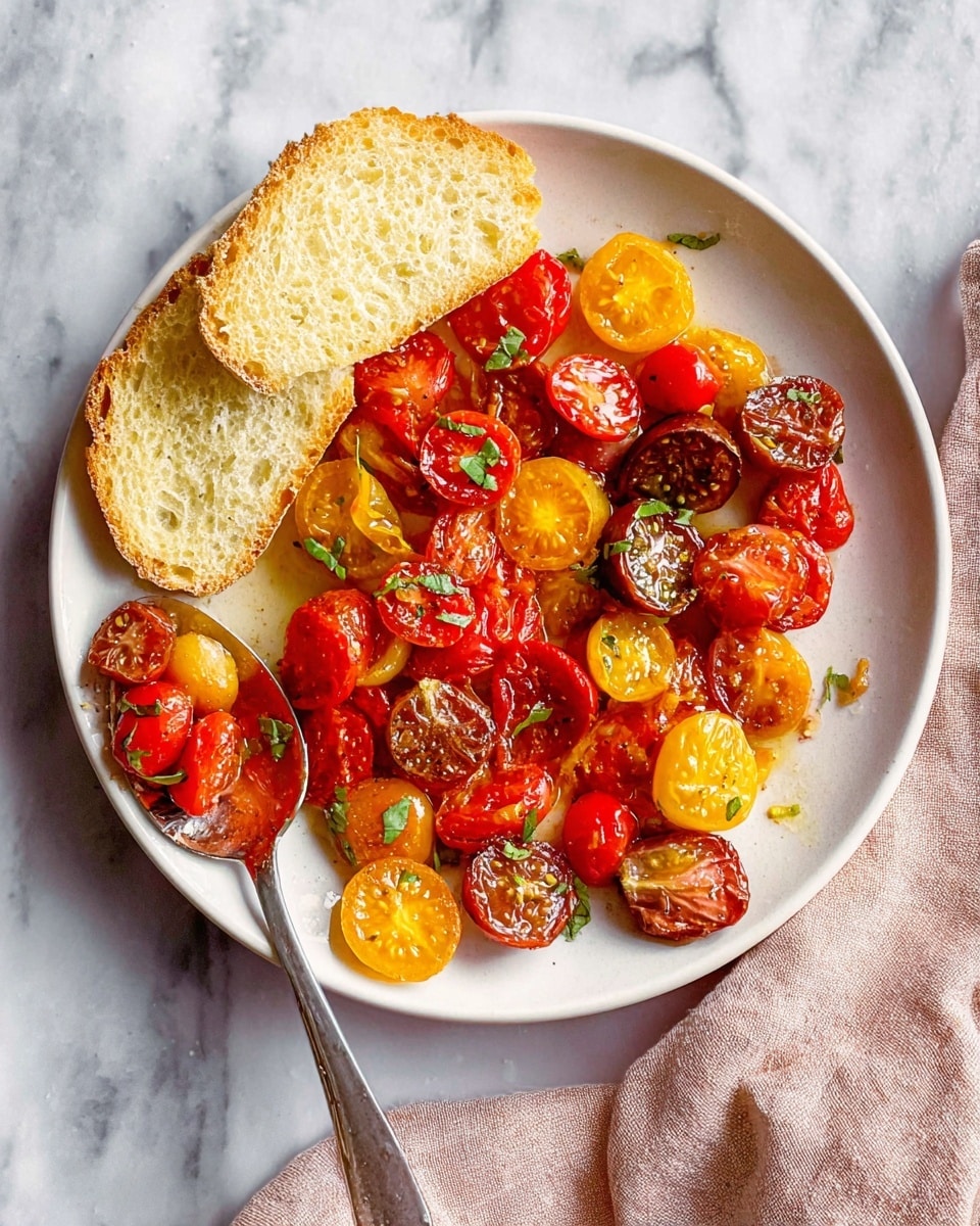 A white plate holds a mix of roasted cherry tomato halves in red, yellow, and deep brown colors, each showing a slightly wrinkled texture with seasoning and a few small green herb leaves scattered on top. Two light golden bread slices are layered on the upper left side of the plate. A silver spoon rests on the left edge of the plate, holding more of the roasted tomato halves. The plate sits on a white marbled surface with a soft, pale pink cloth nearby. Photo taken with an iphone --ar 4:5 --v 7