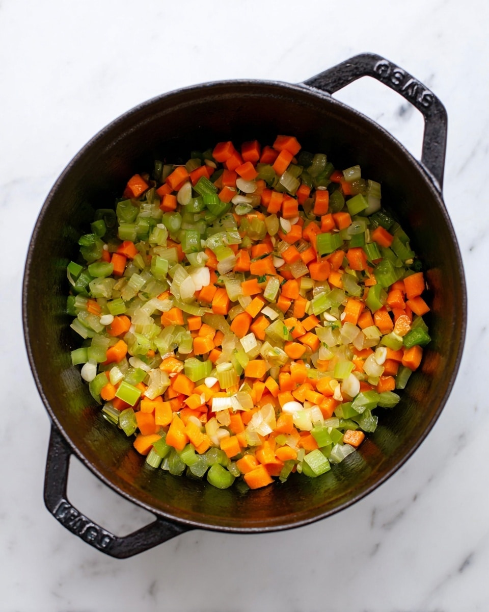A black cast iron pot filled with a mix of small, diced vegetables. The bottom layer contains bright orange carrot cubes, chopped light green celery, and translucent, slightly cooked pale yellow onions. There are also whole garlic cloves spread evenly throughout. The vegetables have a soft texture and a slight shine, indicating they are being sautéed. The pot sits on a white marbled surface with a clean, bright background. photo taken with an iphone --ar 4:5 --v 7