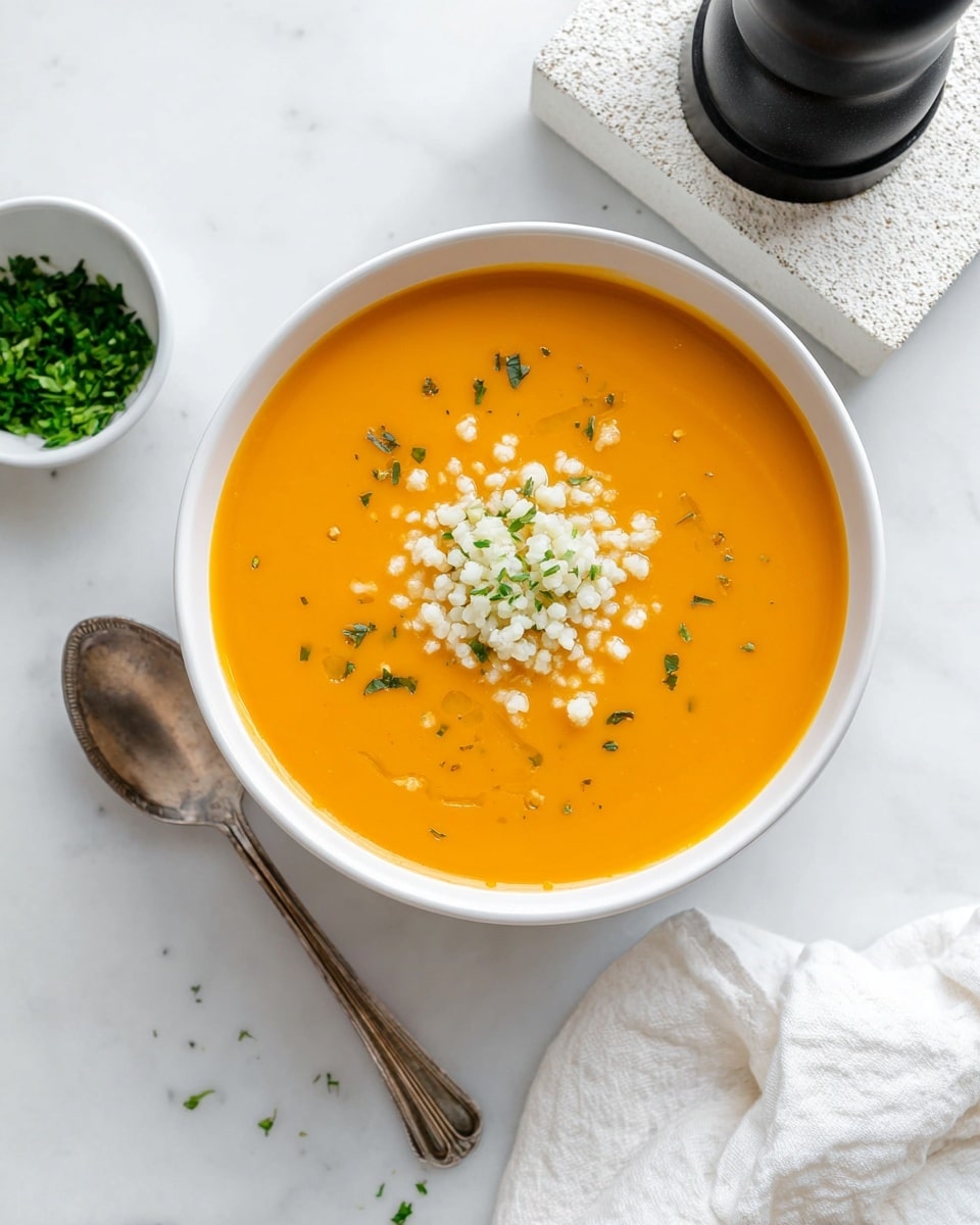 A bowl with smooth bright orange soup fills the white bowl, topped with a small pile of small white grains in the middle, lightly sprinkled with tiny green herb pieces. The bowl sits on a white marbled surface with a silver spoon to the left and a white cloth to the right. Nearby is a small white bowl of chopped green herbs, a white oil container, and a stone black pepper grinder on a white textured block. The scene is bright and clean. photo taken with an iphone --ar 4:5 --v 7