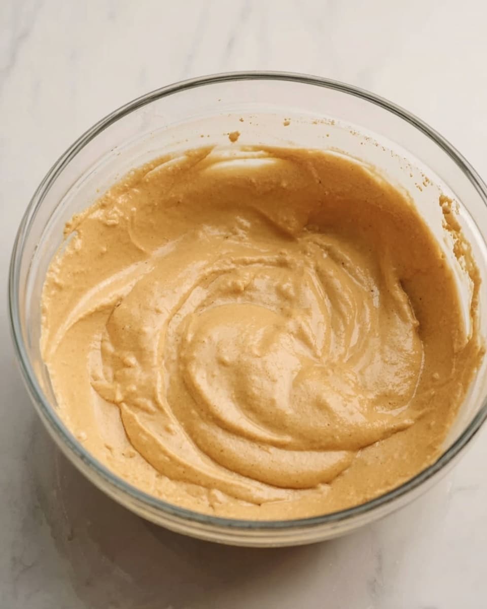 A clear glass bowl filled with light brown batter that looks smooth and thick, with some swirls and ridges where it was mixed. The bowl sits on a white marbled surface, and the batter shows small air bubbles and a creamy texture. The edges of the bowl have some batter traces. photo taken with an iphone --ar 4:5 --v 7