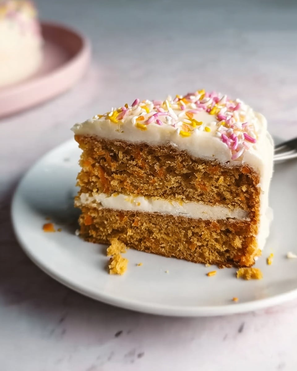 A slice of two-layer carrot cake with a moist, light brown texture sits on a white plate. The cake has a creamy white frosting layer between the two layers and a thicker layer of white frosting on top. Colorful pink, yellow, and white sprinkles are scattered on the top frosting. The plate is placed on a white marbled surface in soft natural light. photo taken with an iphone --ar 4:5 --v 7