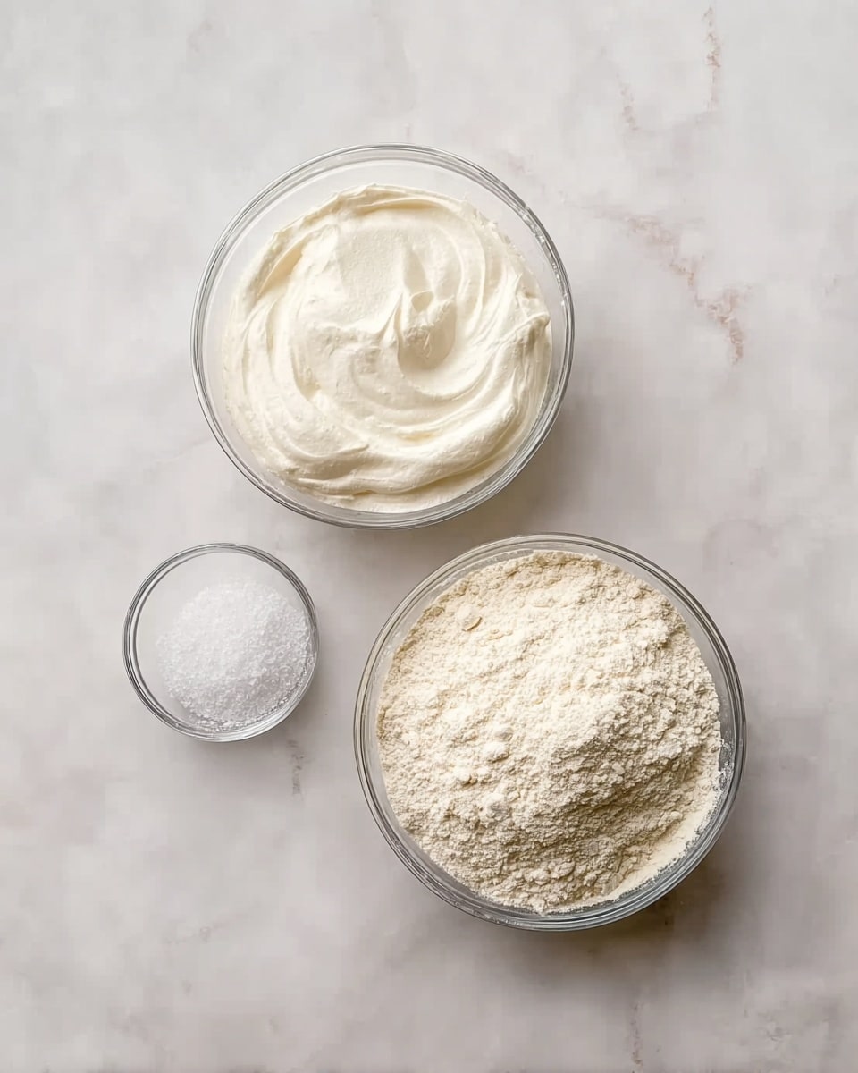 The image shows three clear glass bowls arranged on a white marbled surface. The largest bowl at the top left is filled with smooth, creamy white whipped cream. To its right, a small bowl contains fine white salt. Below them, the largest bowl holds light beige flour with a slightly powdery texture. The bowls are evenly spaced and the scene has soft, natural lighting. Photo taken with an iphone --ar 4:5 --v 7
