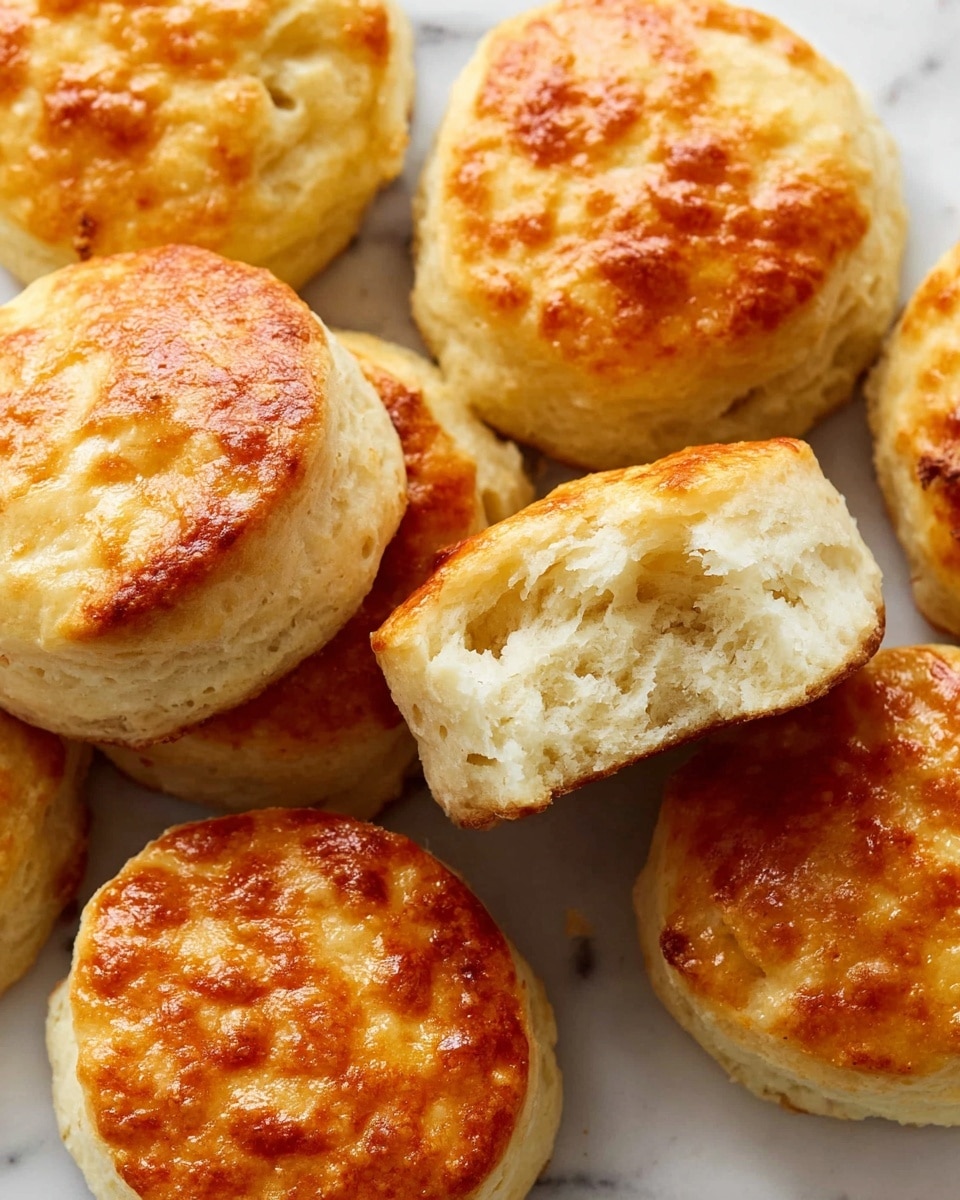 A close-up view of eight golden brown biscuits placed closely on a white marbled surface; each biscuit has a slightly shiny, crispy top layer with a warm, toasted orange-brown color. The middle biscuit is bitten, revealing a soft, fluffy, light beige interior with a slightly crumbly texture. The biscuits are round and thick, with a smooth, light golden side crust. Photo taken with an iphone --ar 4:5 --v 7