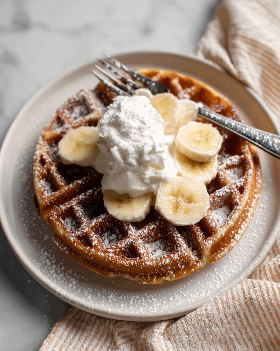 A round waffle with a golden brown color and a textured grid pattern is placed on a white plate. The waffle is topped with a scoop of white whipped cream sitting in the center, with several thin slices of banana on top of the cream. Light powdered sugar is sprinkled over the waffle and the plate around it. A silver fork and knife rest on the edges of the waffle, with the fork slightly touching the cream and banana slices. The whole setup is on a white marbled surface with a beige and white striped cloth partly visible below the plate. Photo taken with an iphone --ar 4:5 --v 7