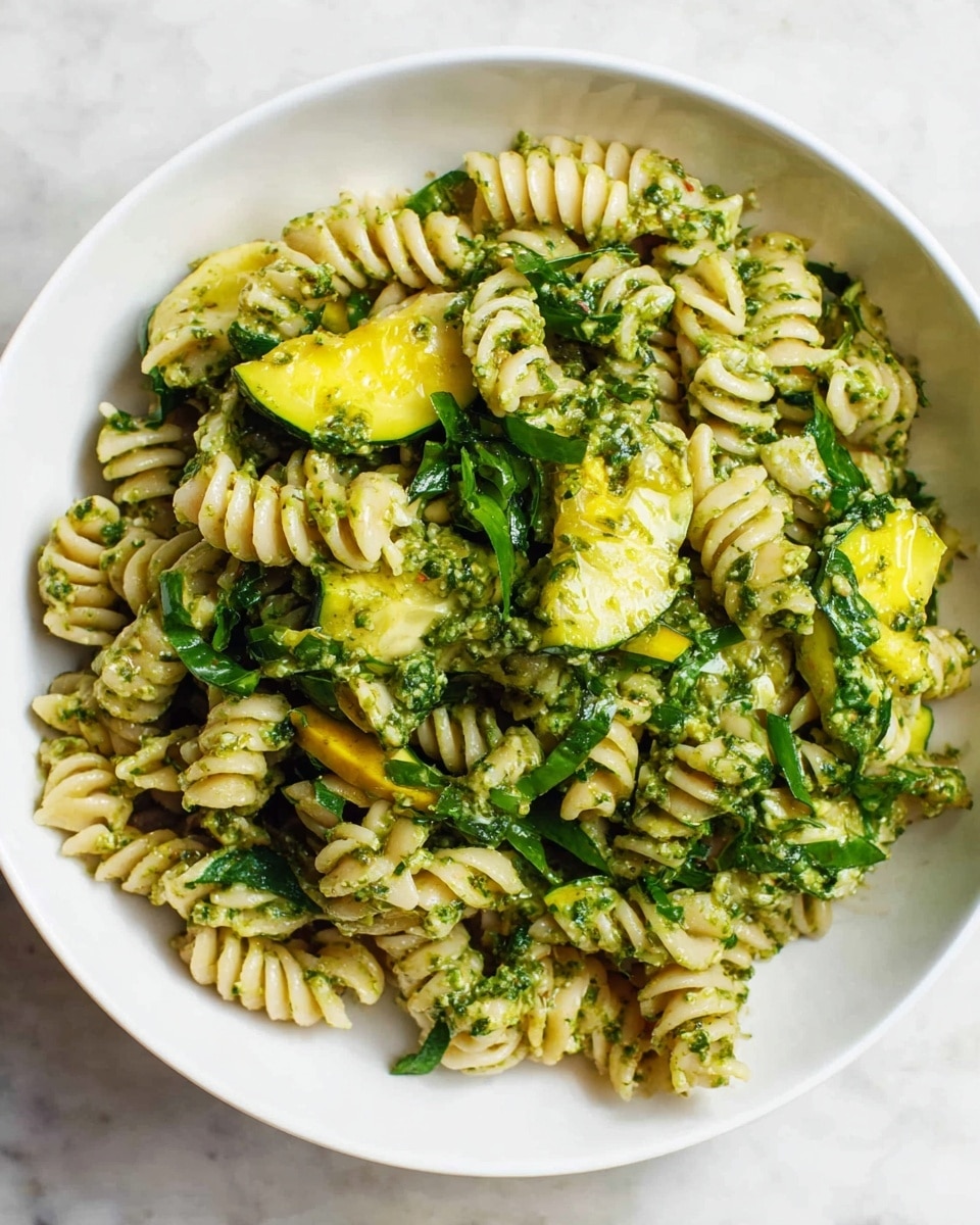A white bowl filled with three layers of food: the first layer has short spiral pasta, pale beige in color with a smooth texture; the second layer consists of small bright green leaves placed throughout; the third layer shows semi-circular pieces of yellow squash mixed evenly. The entire dish is coated with green pesto sauce that looks slightly chunky. The bowl sits on a surface with a white marbled texture photo taken with an iphone --ar 4:5 --v 7