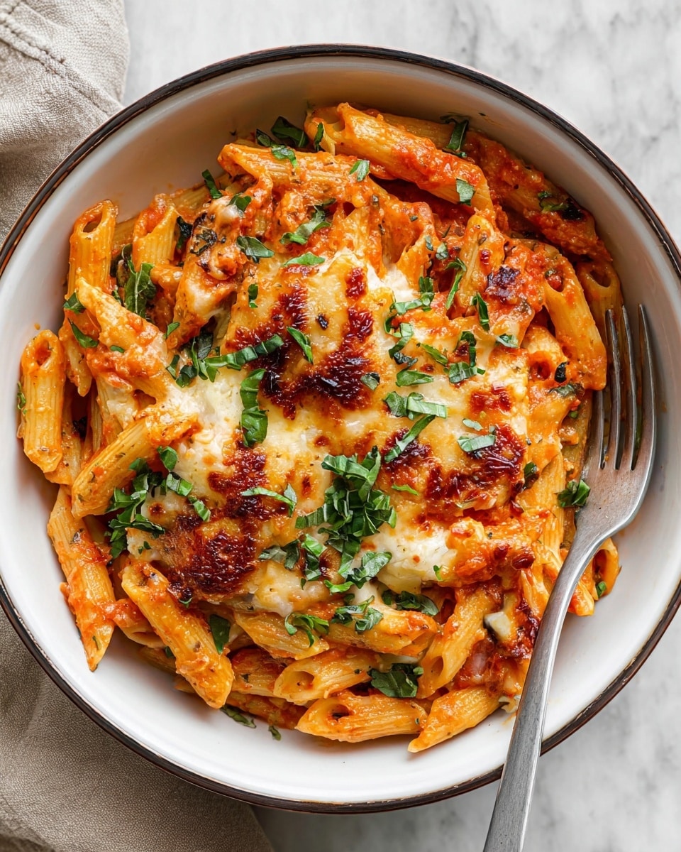 A bowl filled with cooked penne pasta mixed with bright red tomato sauce, topped with a layer of melted golden brown cheese that looks crispy in places. Dark green chopped basil is scattered on top, adding fresh color. The pasta shows some creamy white bits under the cheese, with the sauce clinging well to each piece. There is a silver fork resting on the right edge of the bowl. The bowl is white with a thin dark rim, sitting on a white marbled surface. Photo taken with an iphone --ar 4:5 --v 7