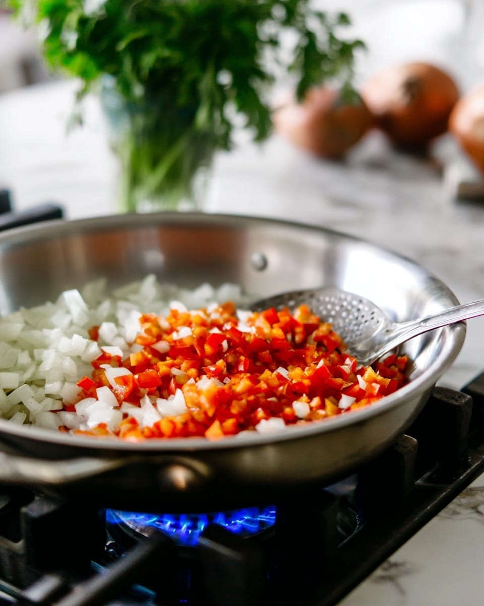 A close-up of a stainless steel pan on a gas stove with blue flame visible. Inside the pan, there are two layers of chopped vegetables: the bottom layer is small white cubes of onion, and the top layer is small red cubes of bell pepper mixed with some orange pieces. A metal slotted spoon rests on the edge of the pan partly over the vegetables. In the soft-focused background, there is a bunch of green herbs in a glass and some blurred brown objects on a white marbled surface. Photo taken with an iphone --ar 4:5 --v 7
