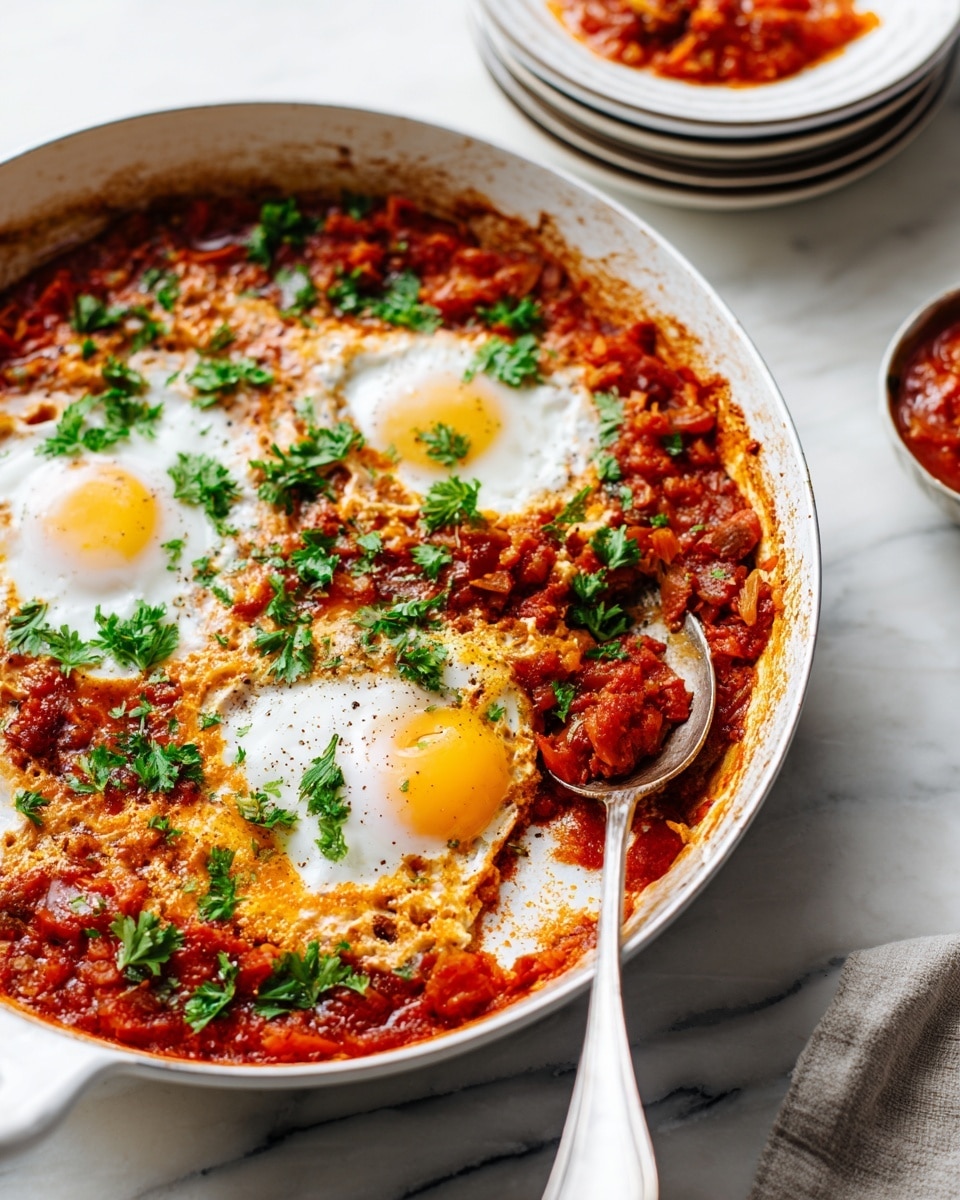 A large white pan holds a shakshuka dish with two clear layers: the bottom layer is a chunky, red tomato sauce mixed with pieces of vegetables, and the top layer shows three eggs cooked sunny-side up with bright yellow yolks and white edges, garnished with green chopped parsley scattered on top. A silver spoon rests inside the pan, near a missing portion of the dish. In the background, there is a stack of white plates and a small plate of more tomato sauce, all set on a white marbled surface. Photo taken with an iphone --ar 4:5 --v 7