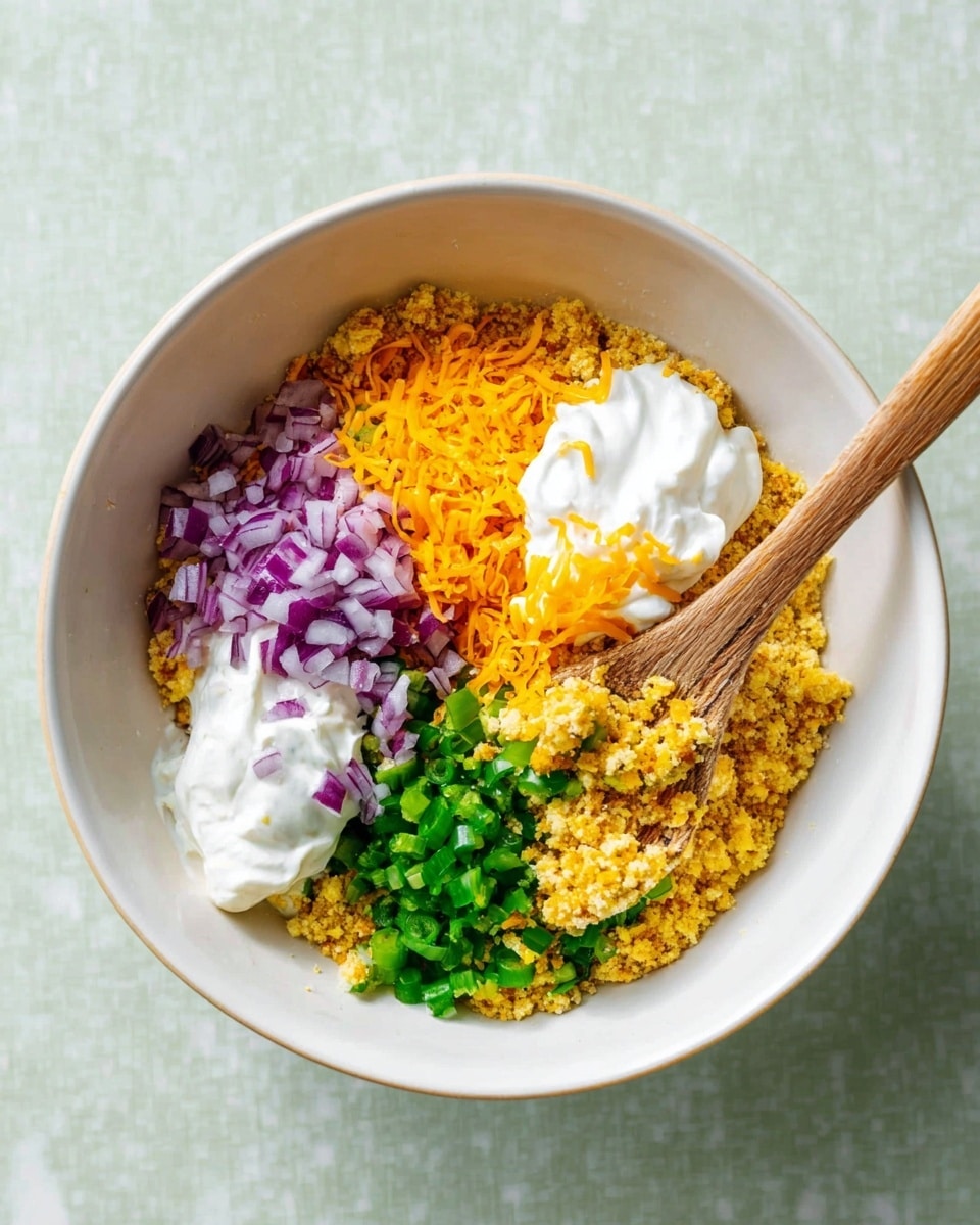A white bowl on a white marbled surface holds five visible layers. The bottom layer is a crumbly yellow mixture covering most of the bowl. On top of this are four evenly spaced piles: finely chopped red onions with a purple hue, shredded bright orange cheese, small diced green peppers, and a dollop of thick white cream. A wooden spoon rests inside the bowl, partly touching the cream and cheese layers. The bowl is round and the image is bright with soft natural light, photo taken with an iphone --ar 4:5 --v 7