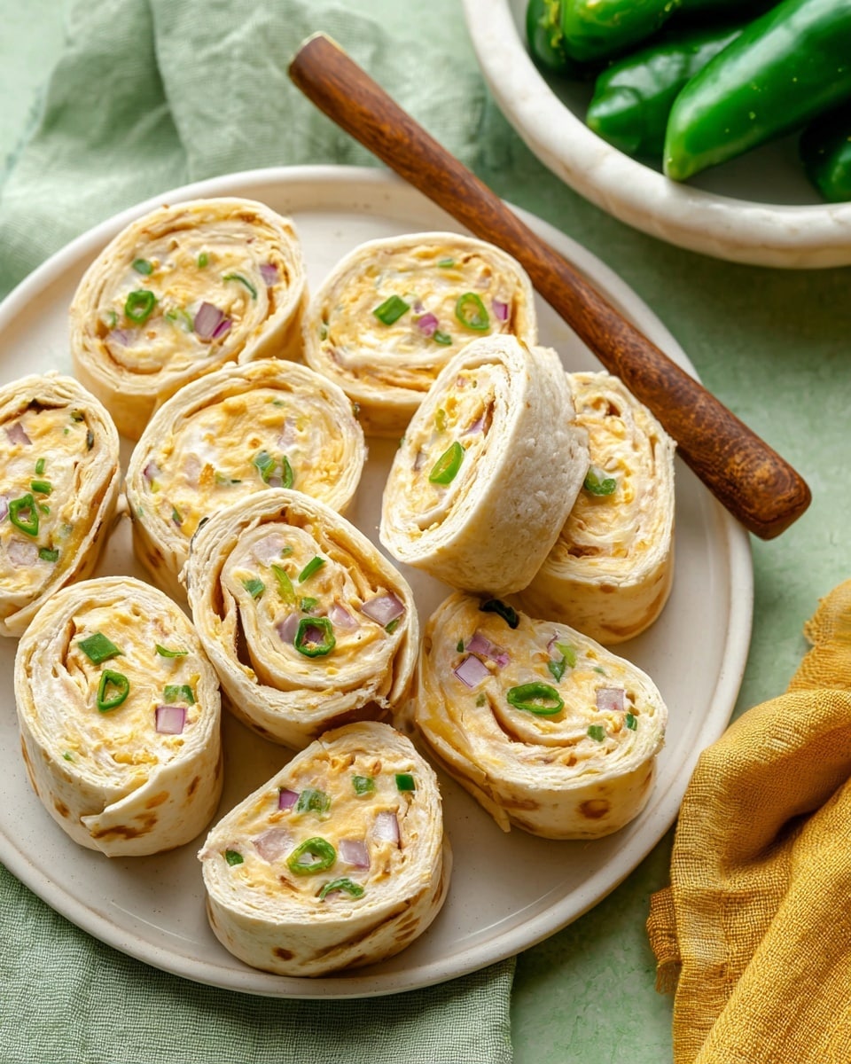 The image shows a white plate filled with about eleven tortilla pinwheel wraps arranged closely together, each pinwheel having three visible layers: a light beige tortilla wrap on the outside, a creamy pale yellow cheese and cream cheese mixture in the middle, and small pieces of green peppers and bits of light purple onion spread throughout the filling. The texture of the wraps looks soft with some slight browning spots on the tortillas. A small wooden-handled knife is partially placed under one wrap. The surface below the plate is a soft green fabric, and in the background to the right is a white bowl with shiny green jalapeño peppers on a white marbled texture. A yellow cloth is partially visible on the lower right corner. Photo taken with an iphone --ar 4:5 --v 7