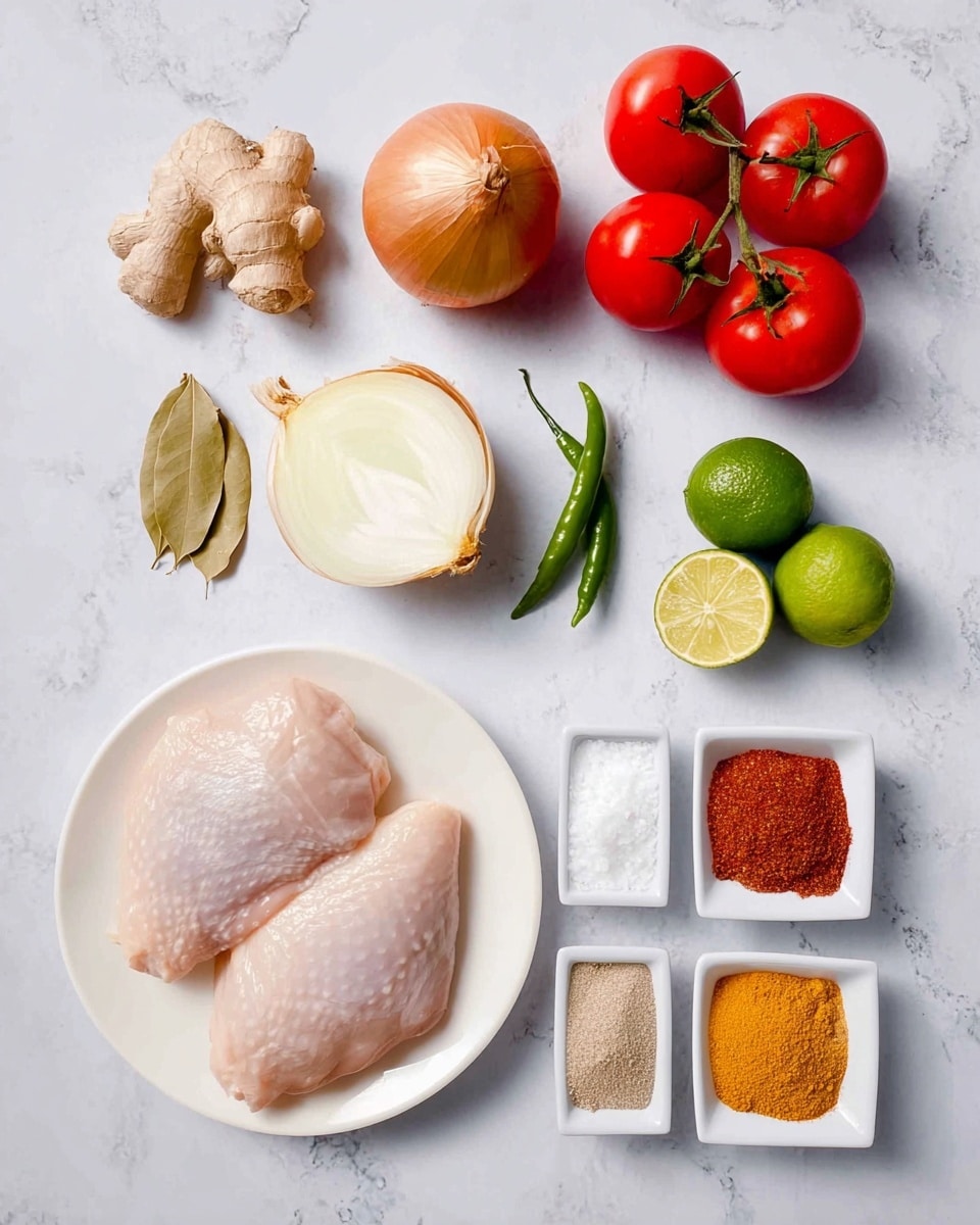 The image shows various cooking ingredients neatly arranged on a white marbled surface. At the bottom left, there are two raw pale pink chicken parts on a white plate. Above this plate, there is a whole brown onion next to a half-cut onion showing its white inside with yellowish layers. Next to the onion are a bulb of garlic and a piece of ginger with a light brown, textured surface. A small bunch of three bright red tomatoes with green stems is placed to the top right. Between the ingredients, there are two green chili peppers and two lime halves with bright green flesh. Two bay leaves with a dry brownish-green color lay next to the ginger. A small white bowl filled with white salt is at the middle left. Two white square bowls at the right bottom contain spices, one with a beige powder and the other with four different colored powders in red, yellow, brown, and orange shades. The layout is organized and clear. Photo taken with an iphone --ar 4:5 --v 7
