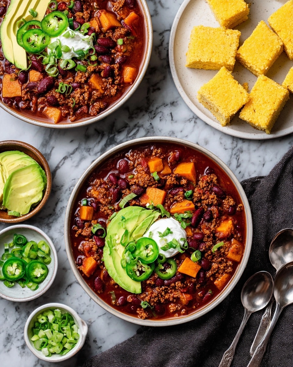 The image shows two light gray bowls filled with a thick chili made of dark red kidney beans, brown ground meat, and orange sweet potato cubes in a rich red sauce. Each bowl is topped in the center with a small dollop of white sour cream, three thin green jalapeño slices, two smooth green avocado slices, and finely chopped green onions sprinkled all over. Surrounding the bowls are small white plates and bowls holding more avocado slices, green onion pieces, and jalapeño slices. In the top right corner, there is a white plate with several yellow cornbread cubes, some whole and some with bites taken out. The surface is a white marbled texture, and two silver spoons rest on a dark gray cloth at the bottom right corner. photo taken with an iphone --ar 4:5 --v 7